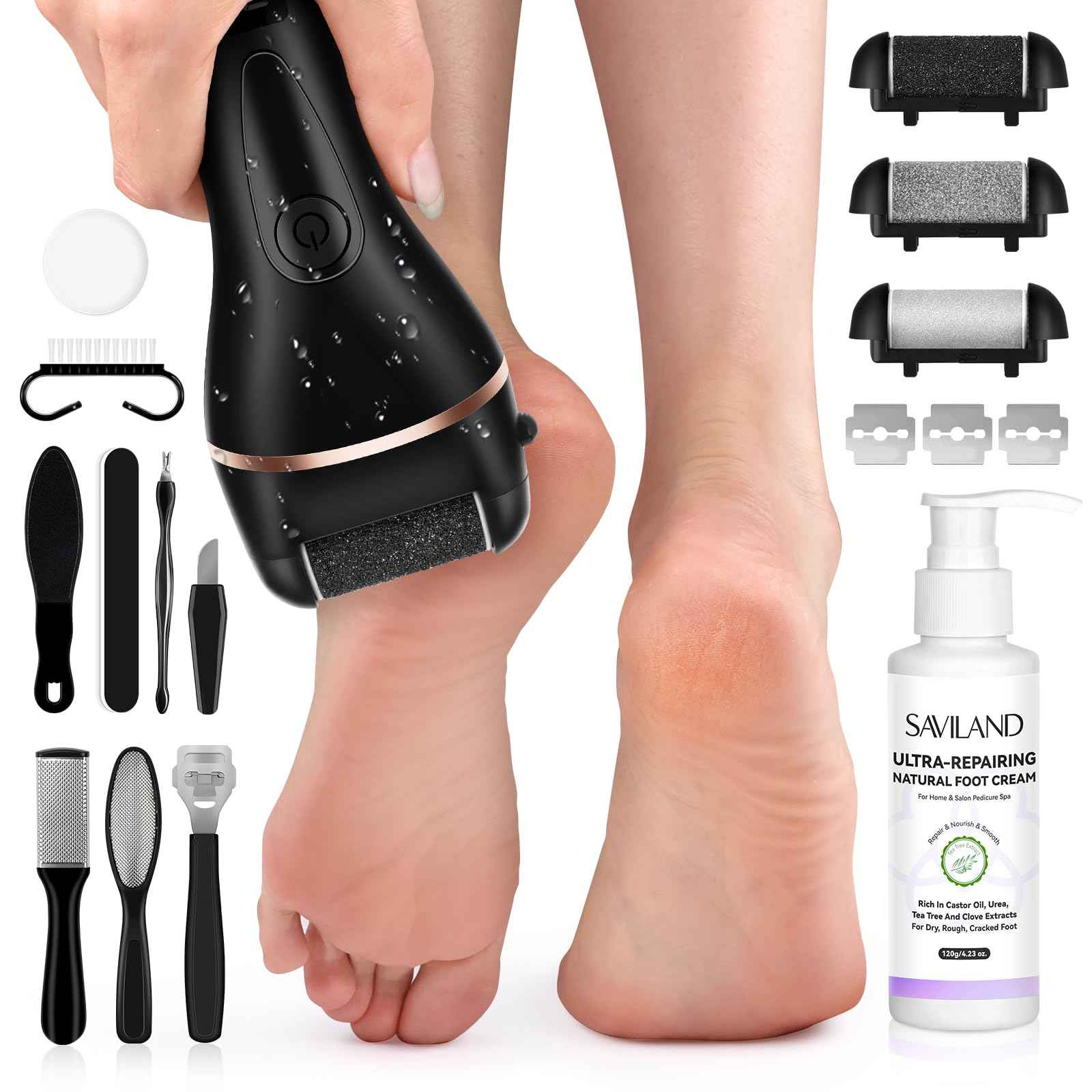 SAVILAND 2024 Electric Feet Callus Remover with Ultra-Repair Foot Cream 120 g: Rechargeable Portable Electric Callus Remover for Feet Professional Pedicure Care Kit for Cracked Dead Skin