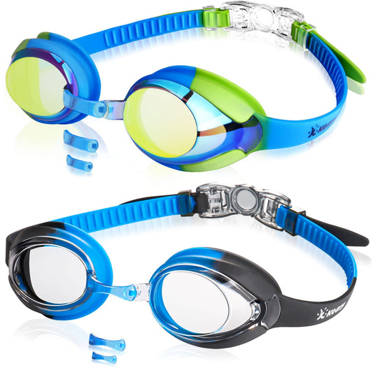 Keary 2 Pack Kids Swim Goggles Swimming Goggles for Toddler Children Girls Boy Youth, Anti-Fog Waterproof Anti-UV Flat Lens Clear Goggles Water Pool Glasses with 3 Nose Pieces, Boys Swimming Goggles