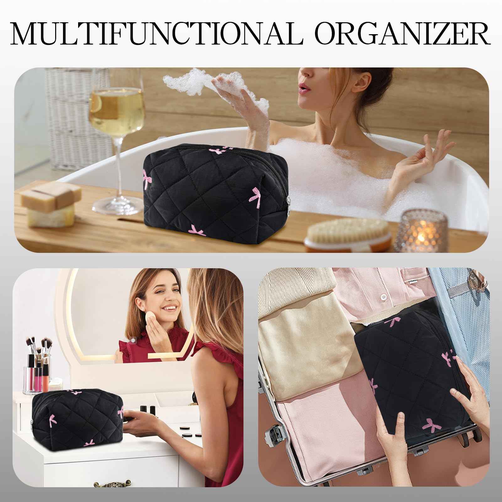 AMZMA Quilted Makeup Pouch,Cotton Puffy Makeup Bag, Coquette Cosmetic Bag for Women and Girls, Aesthetic Organizer Bag, Cute Flower Travel Toiletry Bag