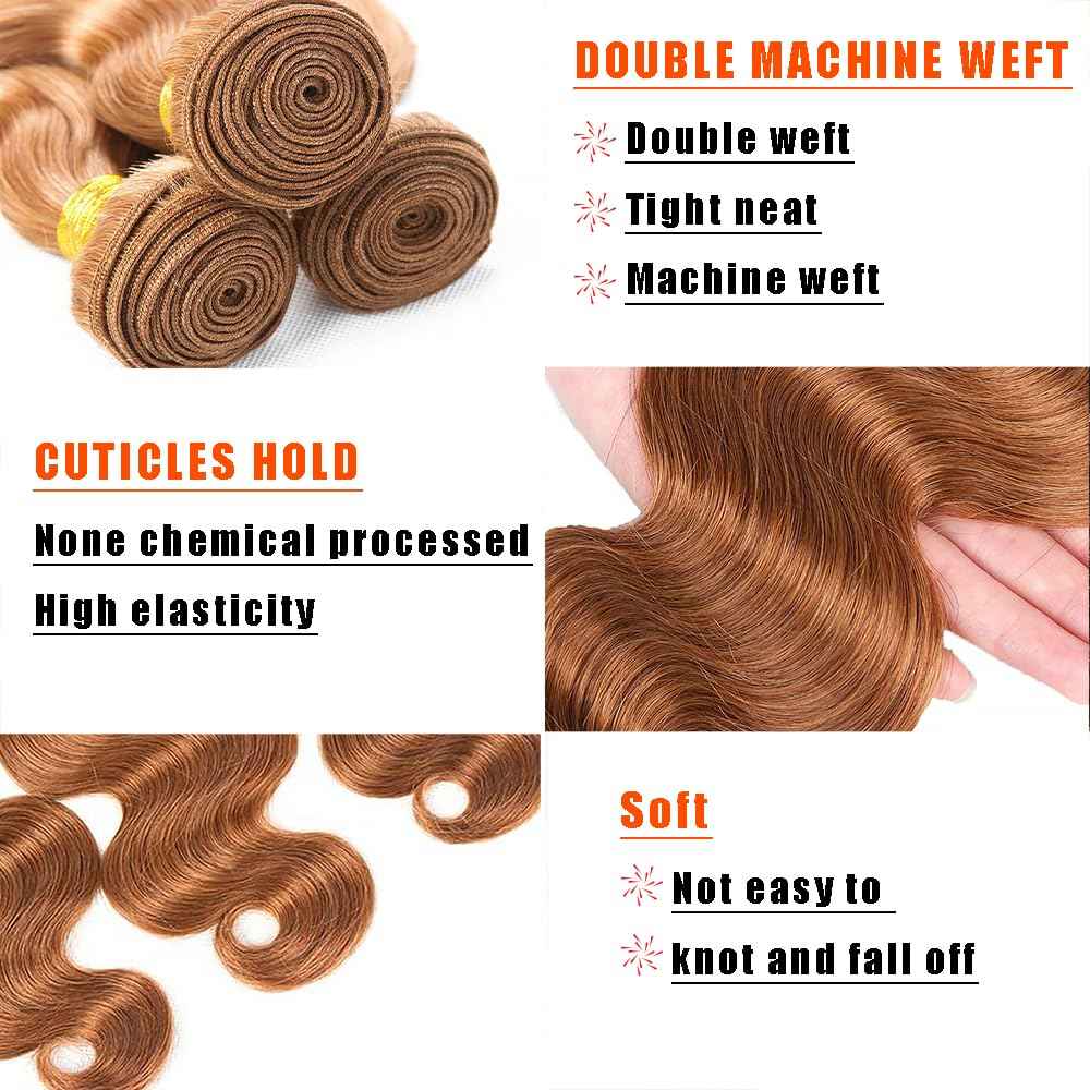 Body Wave Human Hair Bundles 14 16 18 Inch #30 Light Brown Bundles Human Hair 12A Unprocessed Native Virgin Hair 100/PC 3 Extensions Wet and Wavy Weave for Women