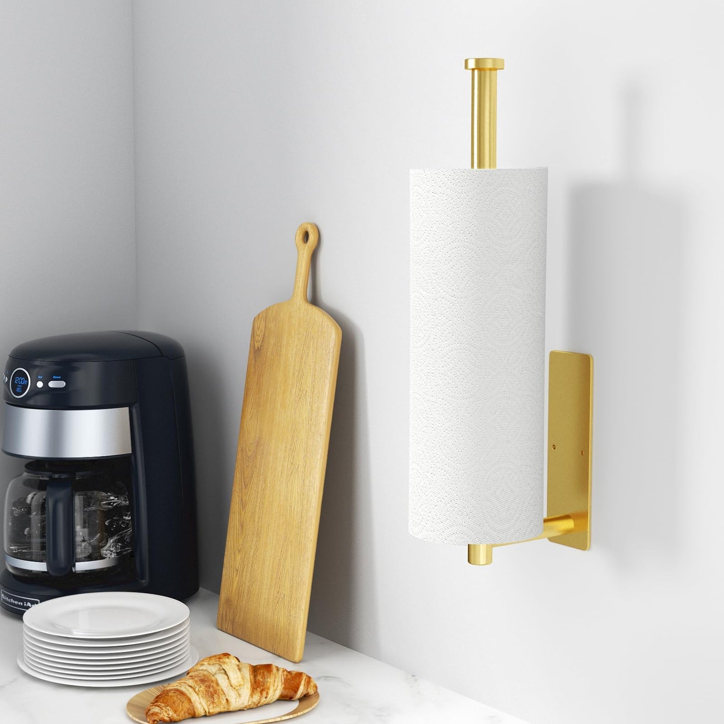 Paper Towel Holder - Self-Adhesive or Drilling, Gold Wall Mounted Paper Towel Rack for Kitchen, SUS304 Stainless Steel Kitchen Roll Holder Under Cabinet