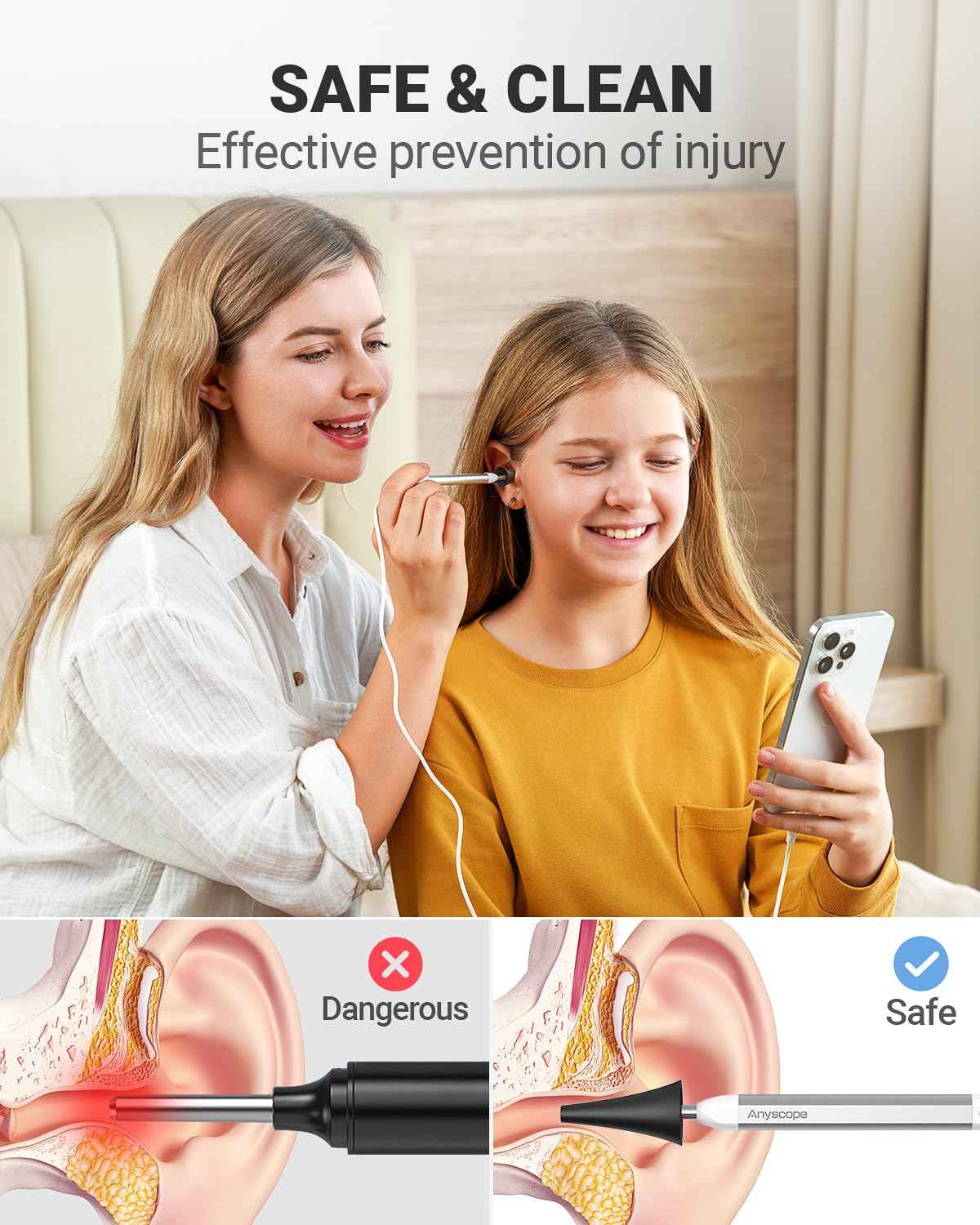 AnyScope HD Digital Otoscope, Video Ear Scope Otoscope with Light, Ultra Clear View Ear Camera with Ear Wax Removal Tools, Compatible with iPhone and Android Devices (Silver) ﻿