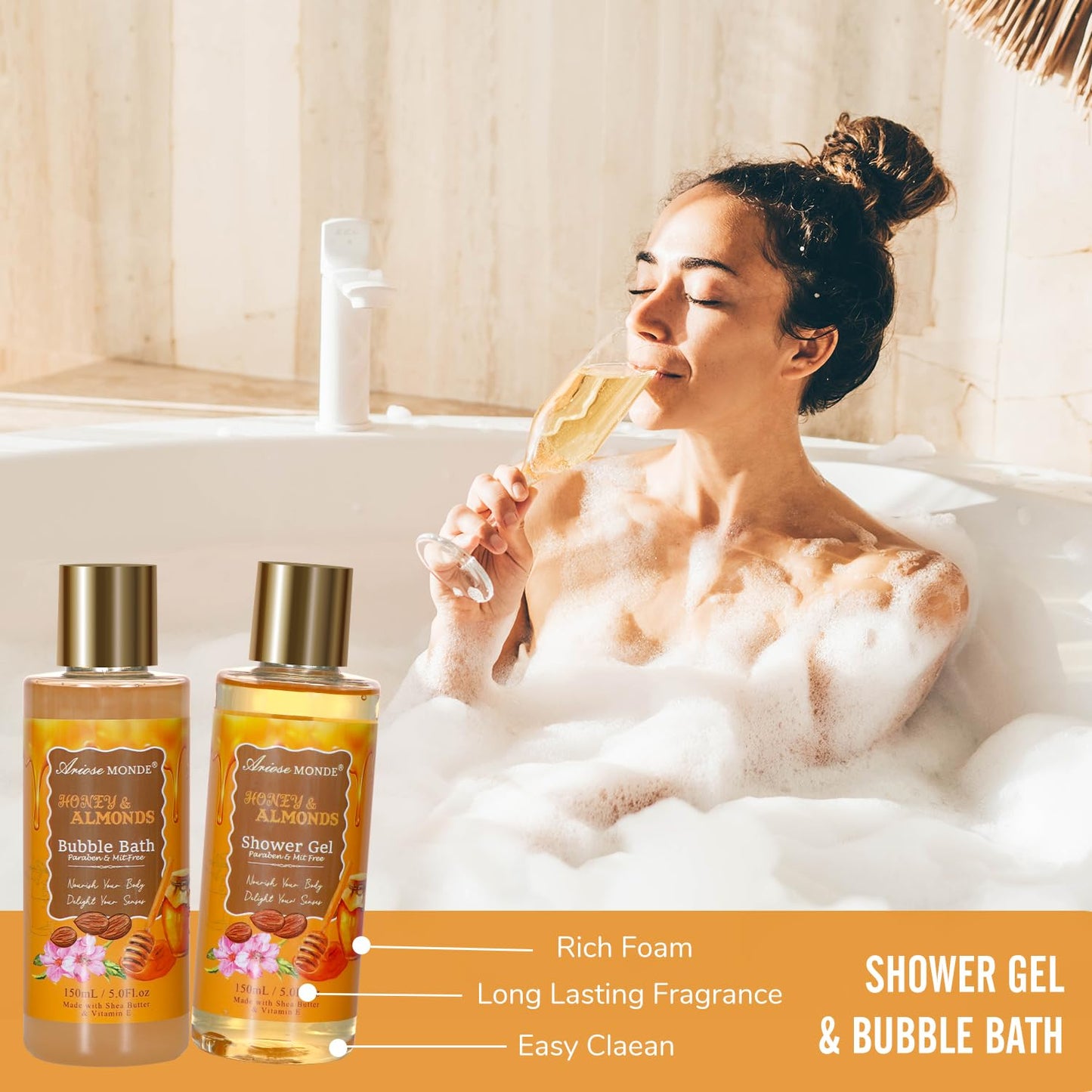 Gifts for Women, Bath and Body Gift Set for Women with 13pcs Honey Almond Scented Spa Gifts for Women, Bath Sets Includes Scented Candle, Shower Steamer, Bubble Bath, Bath Salt. Mothers Day Gifts