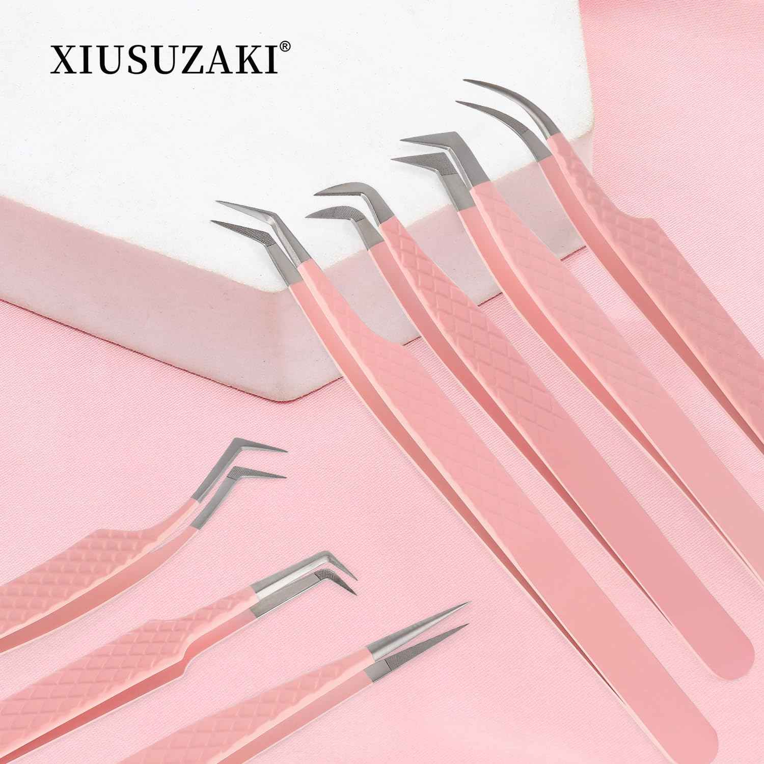Lash Tweezers For Eyelash Extensions Fiber Tip Lash Tweezers Pink Straight/Curved Tweezer(Pink,X02)