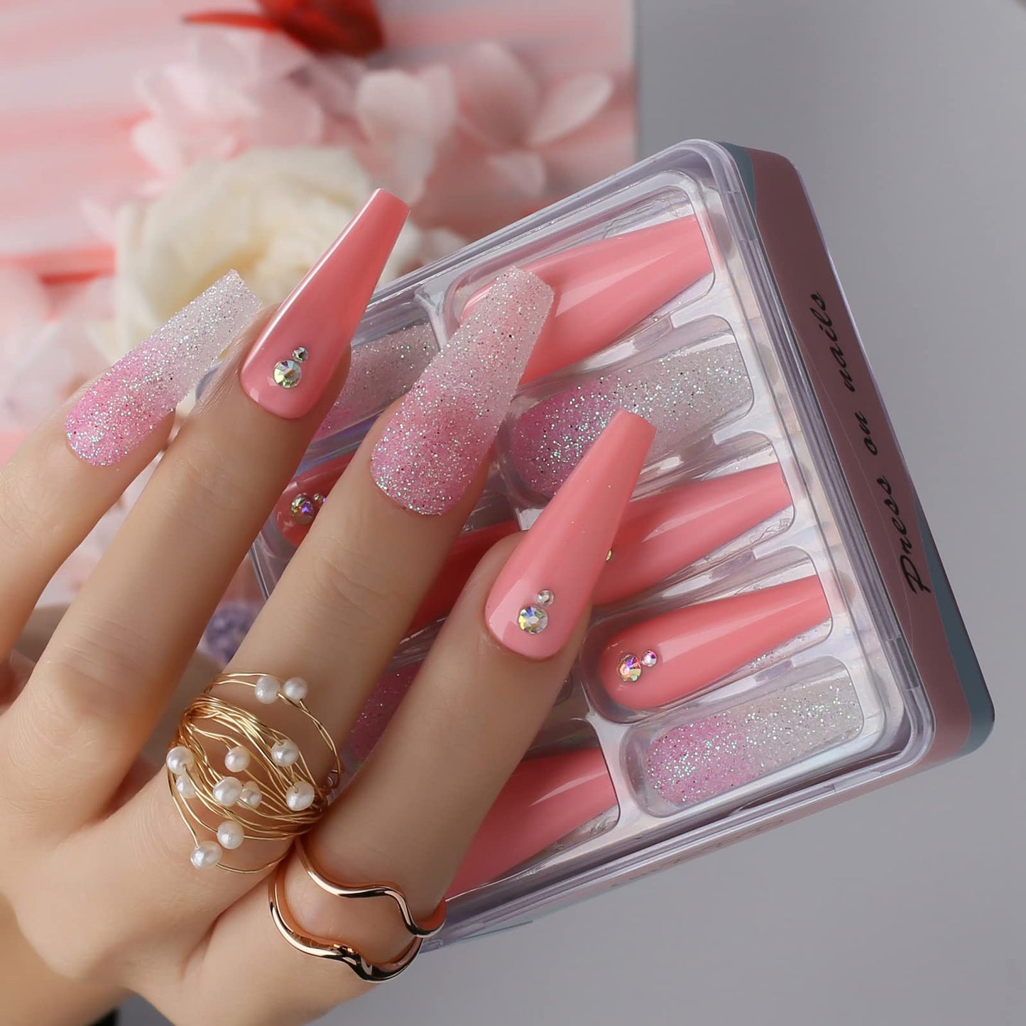 imRPD Press On Nails Long Coffin Glitter Pink Ballerina Fake Nails with Luxury Bling AB Rhinestone Acrylic Nails Glossy Full Cover False Nails For Women and Girls