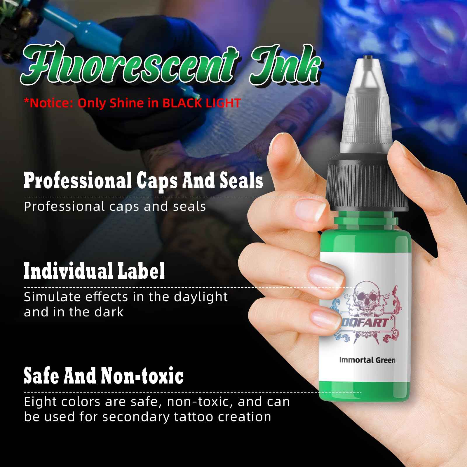 8 Colors UV Tattoo Ink Set,15ml Professional Fluorescent Ink Glow in The Dark Tattoo Ink Blacklight Ink,0.5oz/Bottle Neon Tattoo Ink Invisible