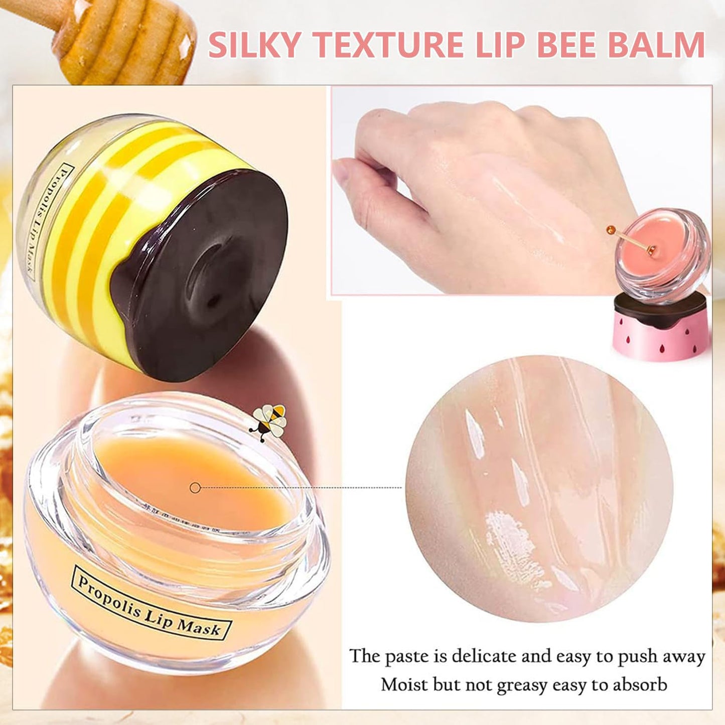 2 PCS Bee Lip Balm Honey Pot, Watermelon & Strawberry Sleeping Lip Mask Overnight, Hydrating Prevention Dry and Cracked Lip Scrub, Reduces Lip Lines, Brightening Lip Color