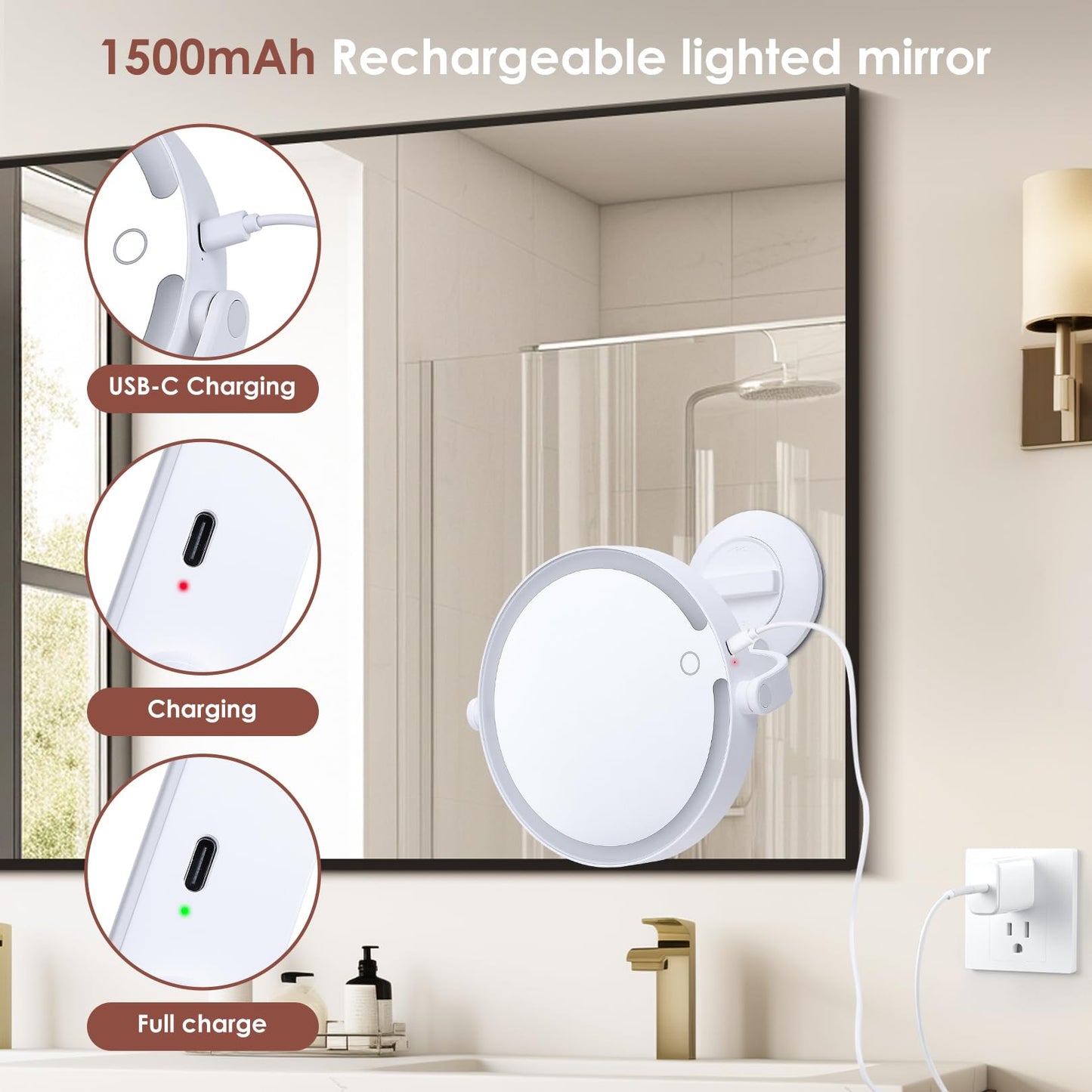 1X 10X Magnifying Shower Mirror with Lights, Rechargeable Lighted Manification Shaving Mirror No Drilling Locking Suction Mount, Double Sided 360° Bathroom Mirror for Men, Tabletop Makeup Mirror