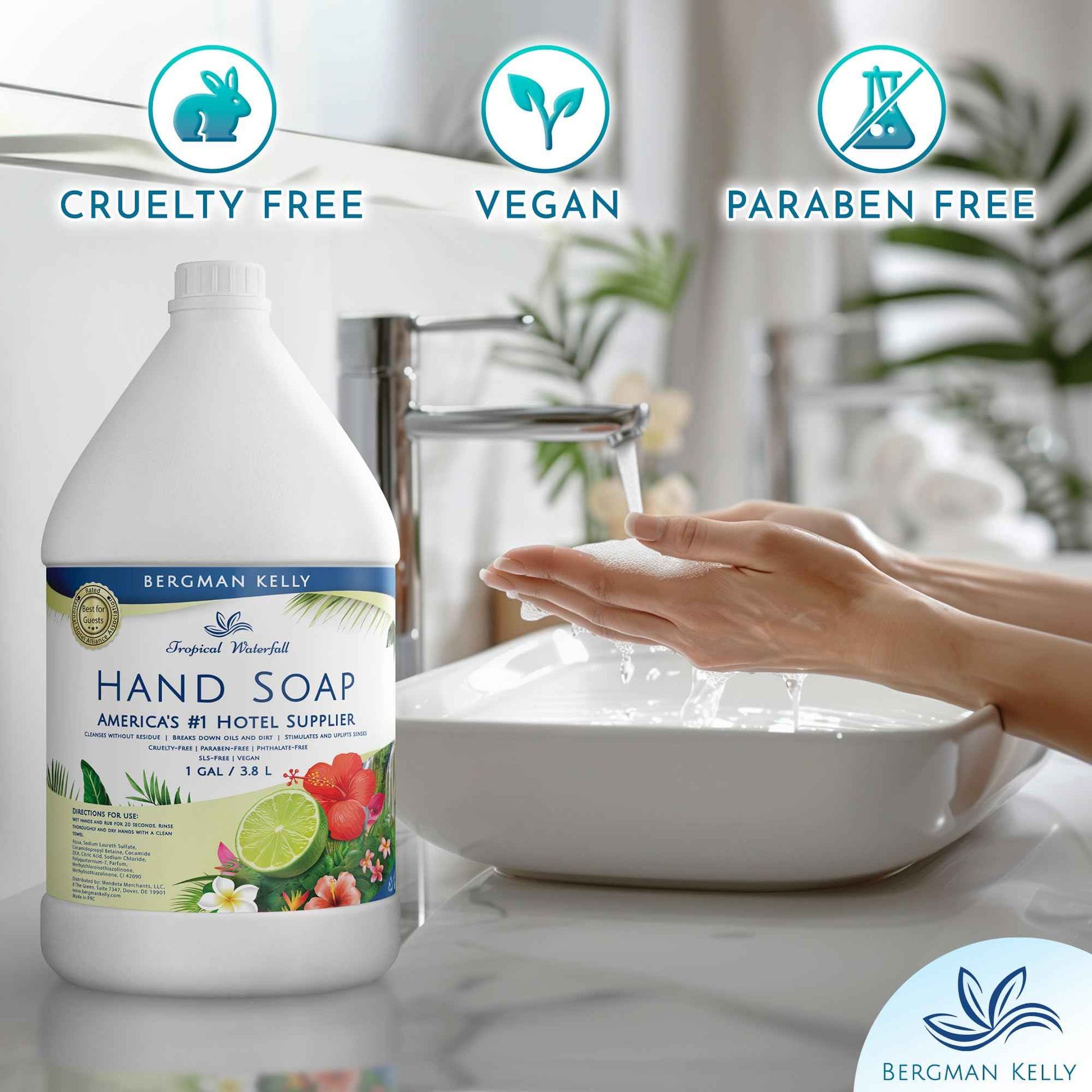 BERGMAN KELLY Hotel Liquid Hand Soap Refill (Tropical Waterfall Scent), Refreshing Hand & Body Soap, 1 Gallon (128 fl oz)