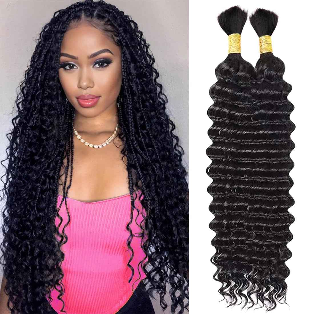 Human Braiding Hair for Boho Braids 18 Inch Deep Wave Bulk Brazilian Virgin Human Hair Extensions Gluless No Weft Bundle Wet and Wavy 100g Curly Bohemian Human Braiding Hair