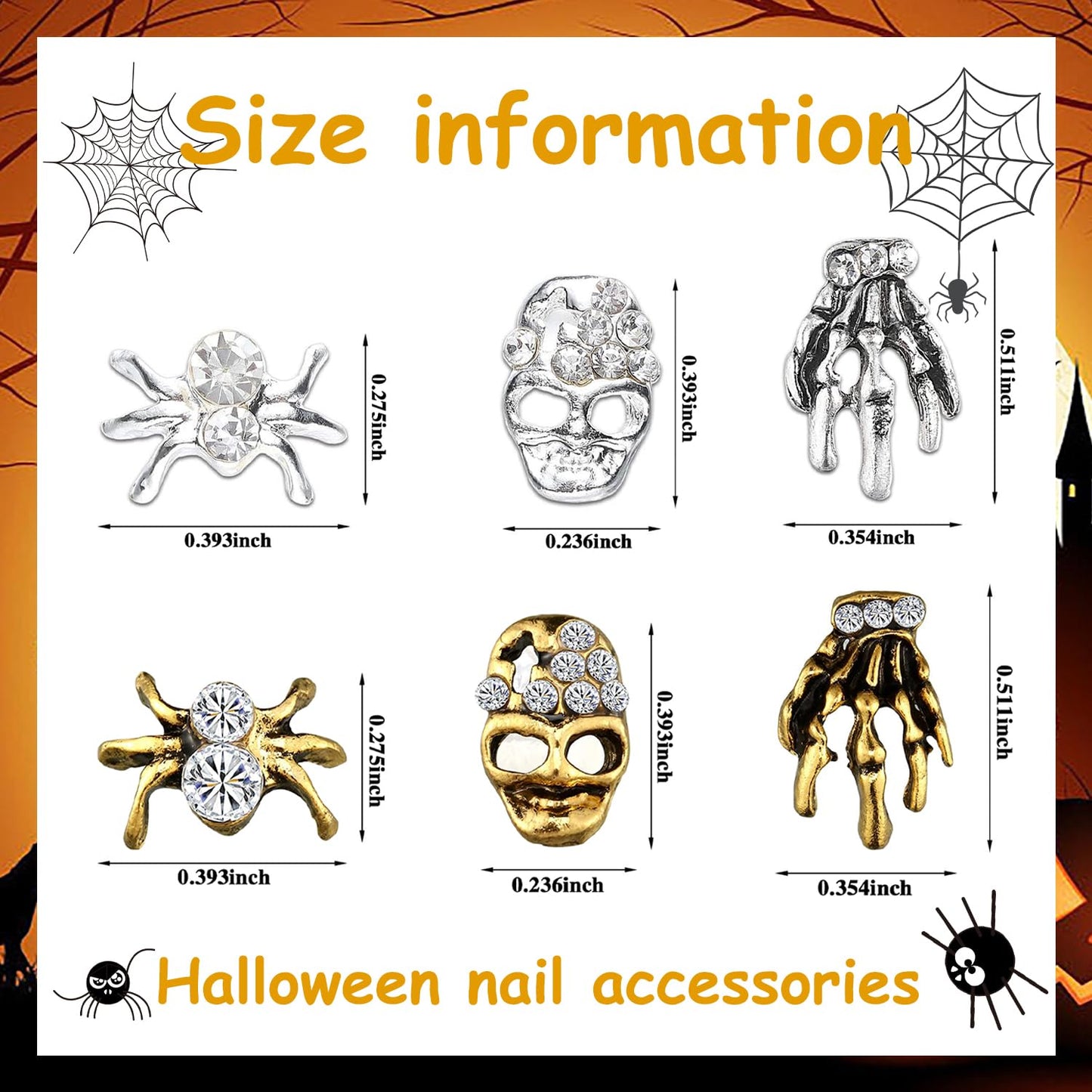 DANNEASY 60pcs Punk Nail Charms for Acrylic Nails Charms for Nails 3D Retro Skull Spider Skeleton Halloween Design Flat Back Nail Rhinestone Crystal Alloy Nail Studs Nail Jewels Decoration