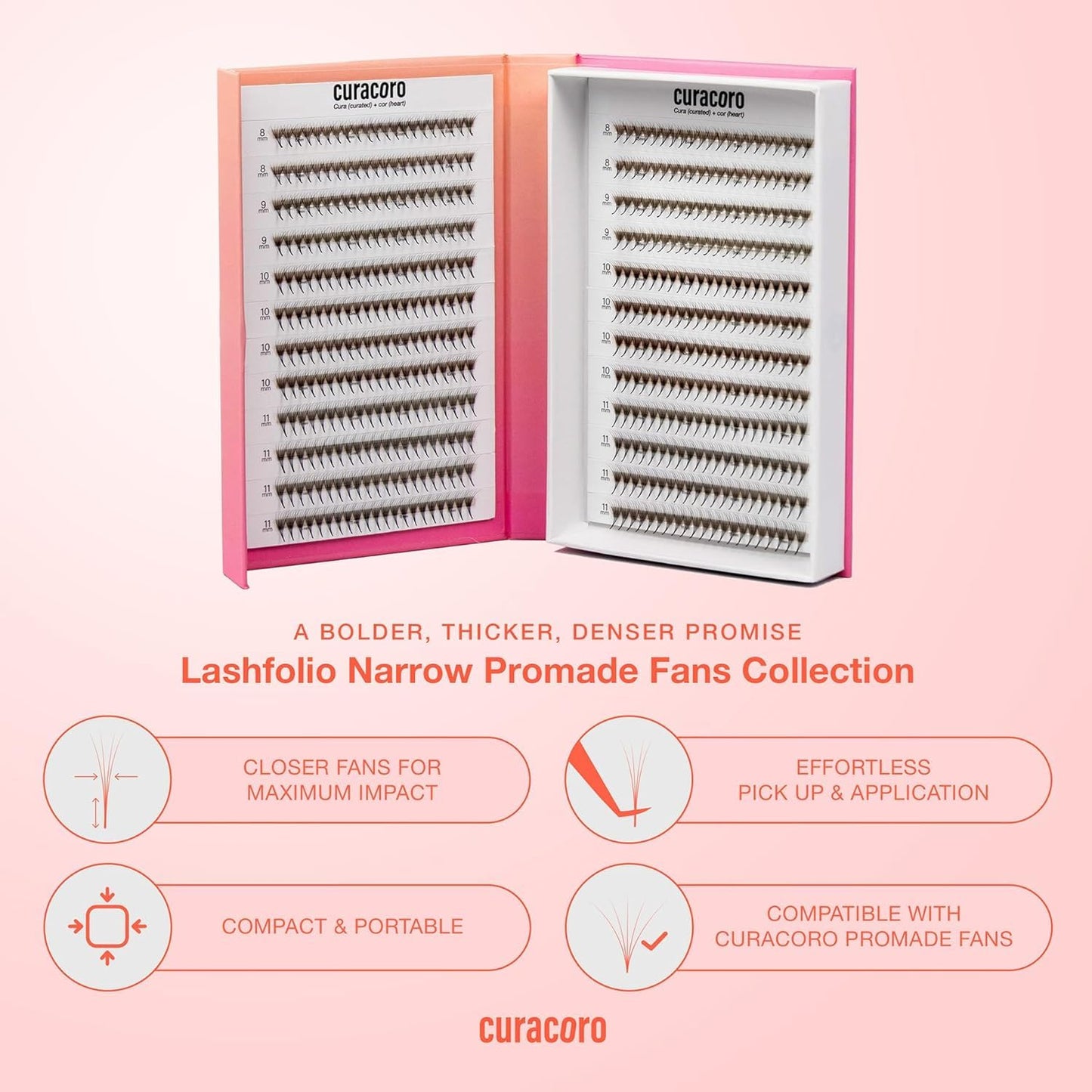 Curacoro LashFolio Narrow Promade Fans, Handmade Volume Eyelashes, 5D~10D, C CC D Curl, Thickness 0.03~0.07mm, 8-15mm Length, Professional Long-Lasting Promade Lash Fans (6D-0.07 D, 12mm-15mm)