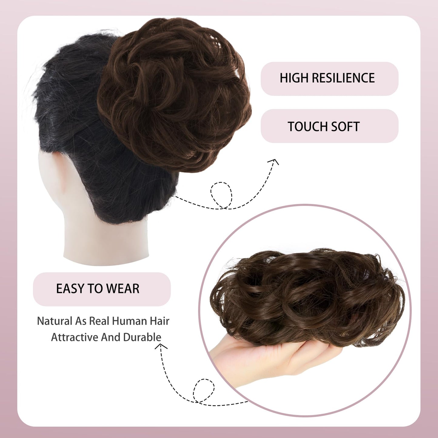 Lynclare 2PCS Messy Bun Hair Piece Wavy Synthetic Hair Extensions，Curly messy Bun Scrunchie Extension for Women， Chignon Tousled Updo Ponytail Hairpieces with Elastic Rubber（Chestnut Brown）