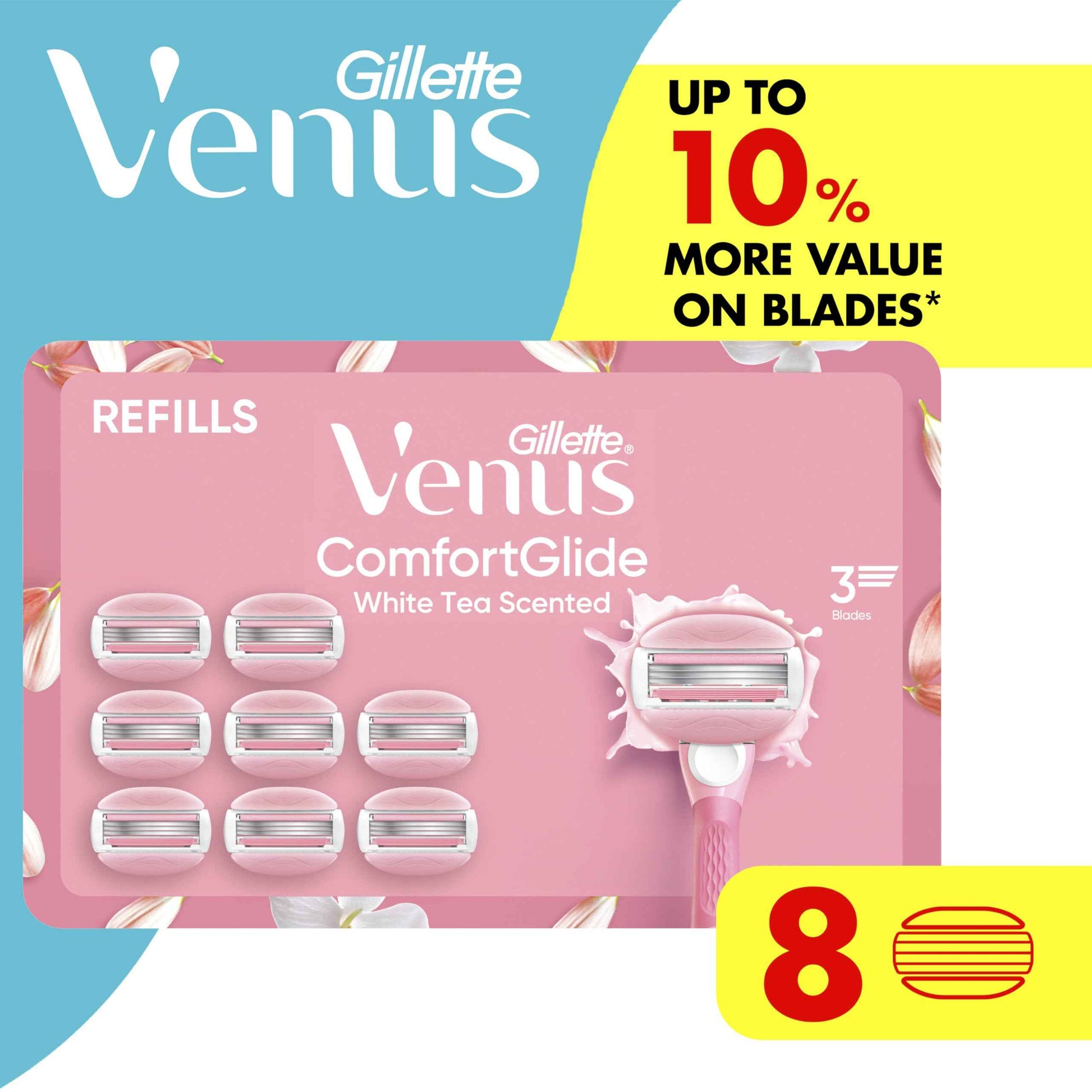 Venus ComfortGlide White Tea Women's Razor Blades, with Built-in Shave Gel Bars, 8 Razor Blade Refills