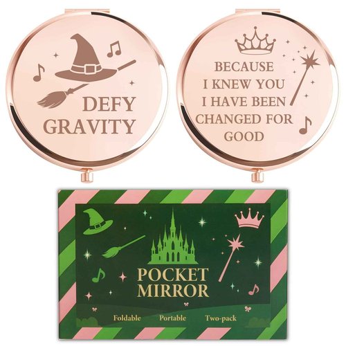 Attyxfica 2 Pcs Witch Pocket Mirrors – Witch Compact Makeup Mirror with Hat, Broom & Crown Wand Design, Movie or Musical Theatre Merch Stuff Gifts for Women & Girls (Rose Gold)