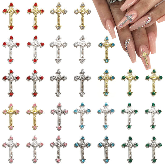 3D Cross Nail Charms for Acrylic Nails, 30pcs Cross Nail Decorations for Nail Art, Gems Diamond Nail Decor, Silver Nail Charm Metal Alloy Crystal Rhinestones Nail Studs for Women DIY Jewelry Crafts