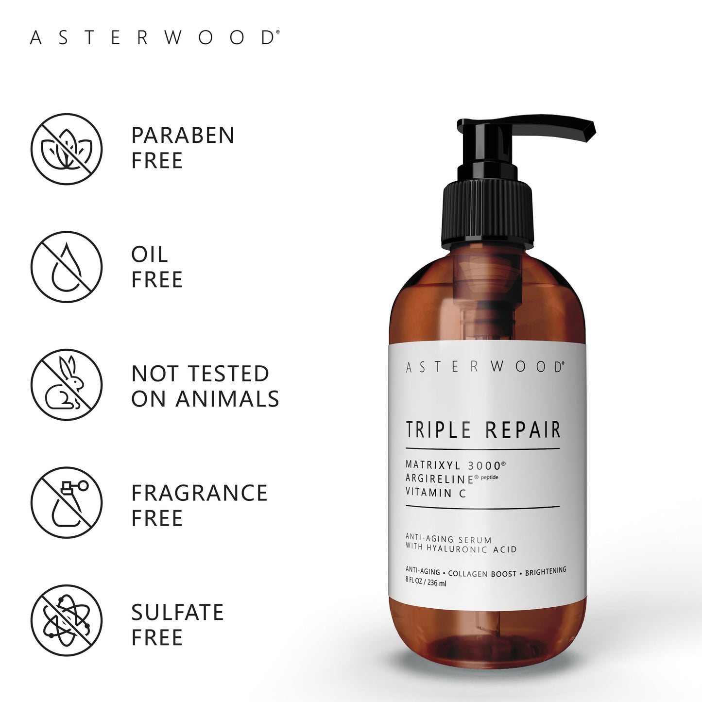 Asterwood Triple Repair Matrixyl 3000 + Argireline + Vitamin C Face Serum - Formulated with Hyaluronic Acid - Anti-Aging and Anti-Wrinkle - Peptides Serum For Face, 237ml/8 oz