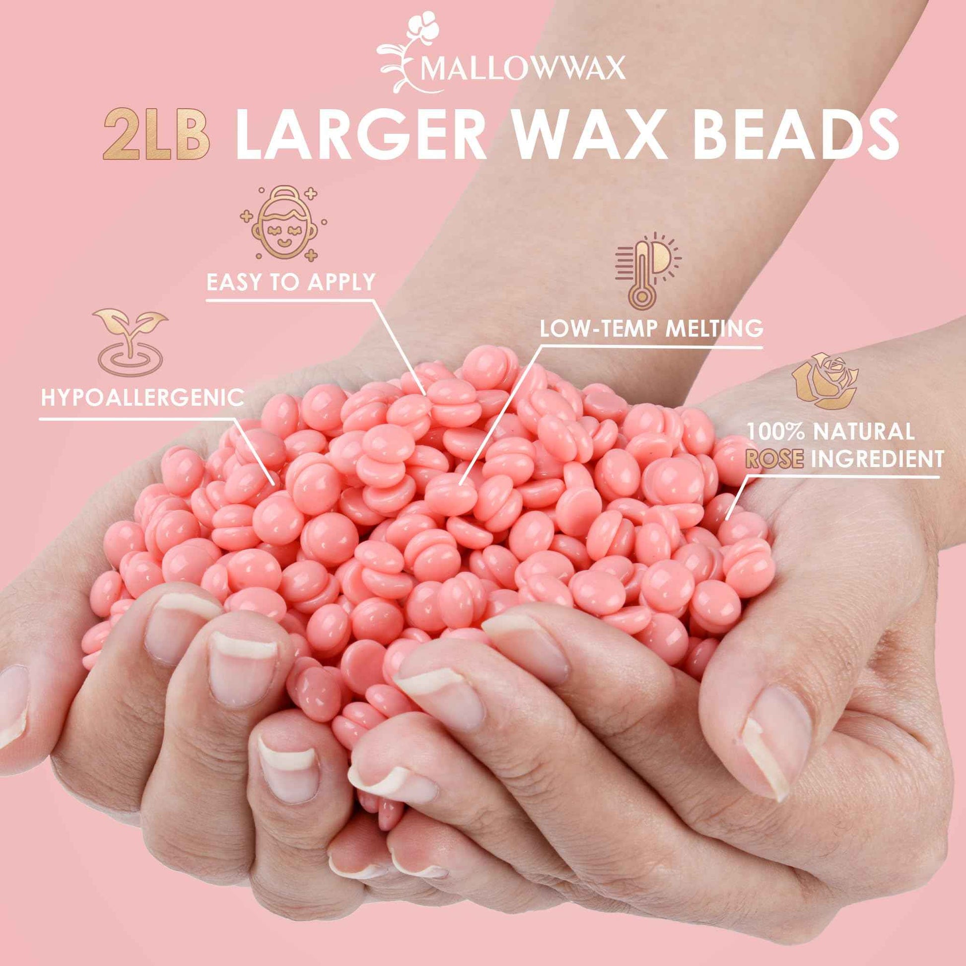 Mallowwax Hard Wax Beads for Hair Removal, 2LB – Premium Hair Removal Wax Refill for Sensitive Skin with Rose Formula, Ideal for Facial and Brazilian Areas