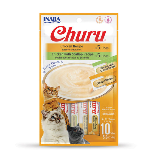 INABA Churu Cat Treats, Grain-Free, Lickable, Squeezable Creamy Purée Cat Treat/Topper with Vitamin E & Taurine, 0.5 Ounces Each Tube, 10 Tubes Total/Two Flavors, Chicken Variety