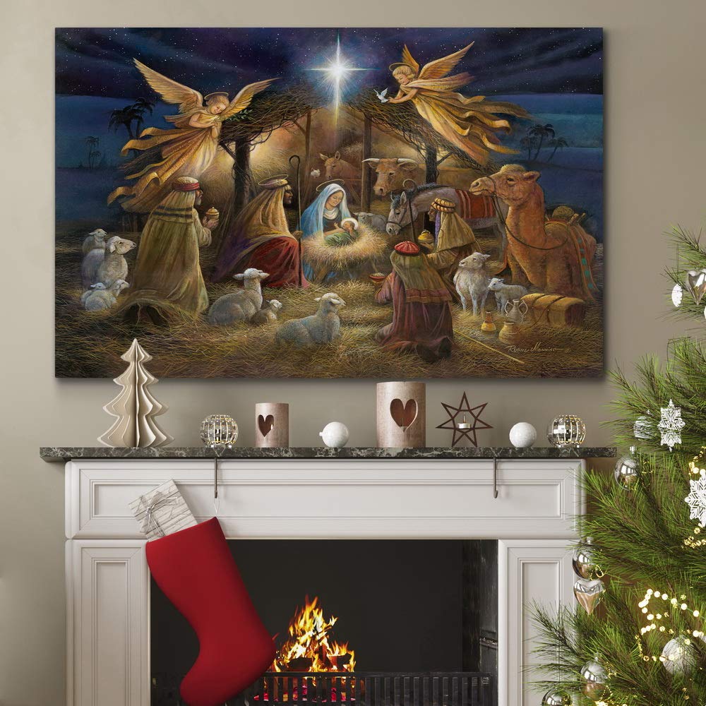 Renditions Gallery Nativity Scene Wall Art, Christ in a Manger, Jesus Christ, Mary, & Joseph, Religious Christmas Scene, Gallery Wrapped Canvas Decor, Ready to Hang, 18 in H x 27 in W, Made in America