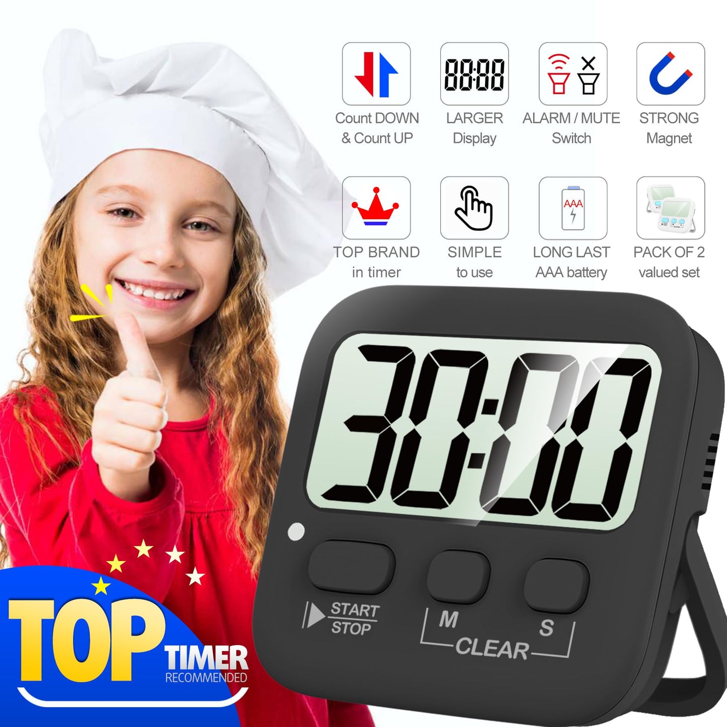 Antonki Timer, 2 Pack Timer for Kids, Kitchen Timers, Digital Timer for Cooking, Egg Timer, Classroom Timer for Teacher, Magnetic Countdown Timer for Exercise, Study, Oven - Battery Included