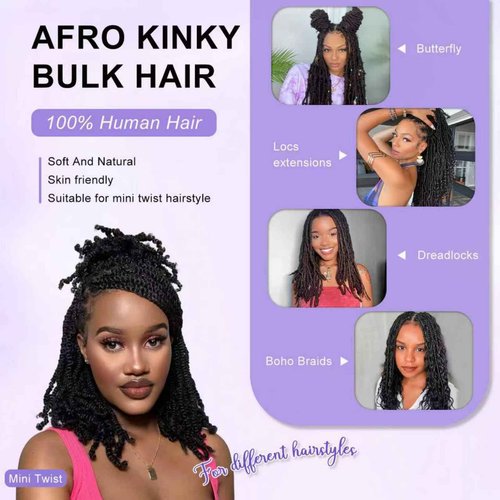 Afro Kinkys Bulk Human Hair For Braiding Soft 4c Afro Kinky-Curly Human Hair For Mini Twists,Dreadlocks Extensions,Repair Locs,Micro Locs Extension,Human Braiding Hair 18inch(1B,35g/pack)