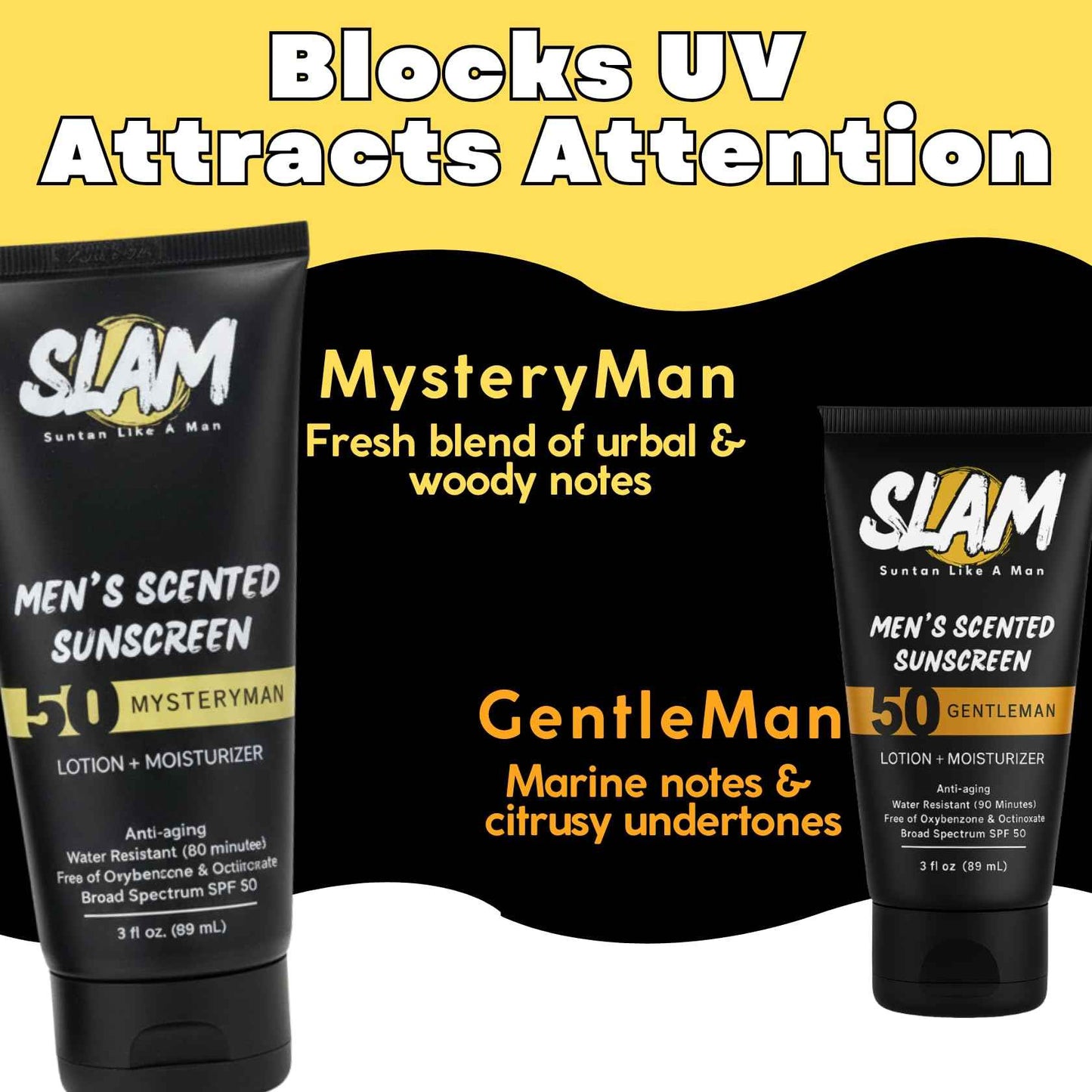 SLAM MysteryMan Men's Sunscreen Lotion SPF 50 & Moisturizer – Face & Body Sunblock, Anti-Aging, Water-Resistant, Hawaii Act 104 Safe, Daily Sport Skincare for Men, Scented – 3 fl oz. Double pack.