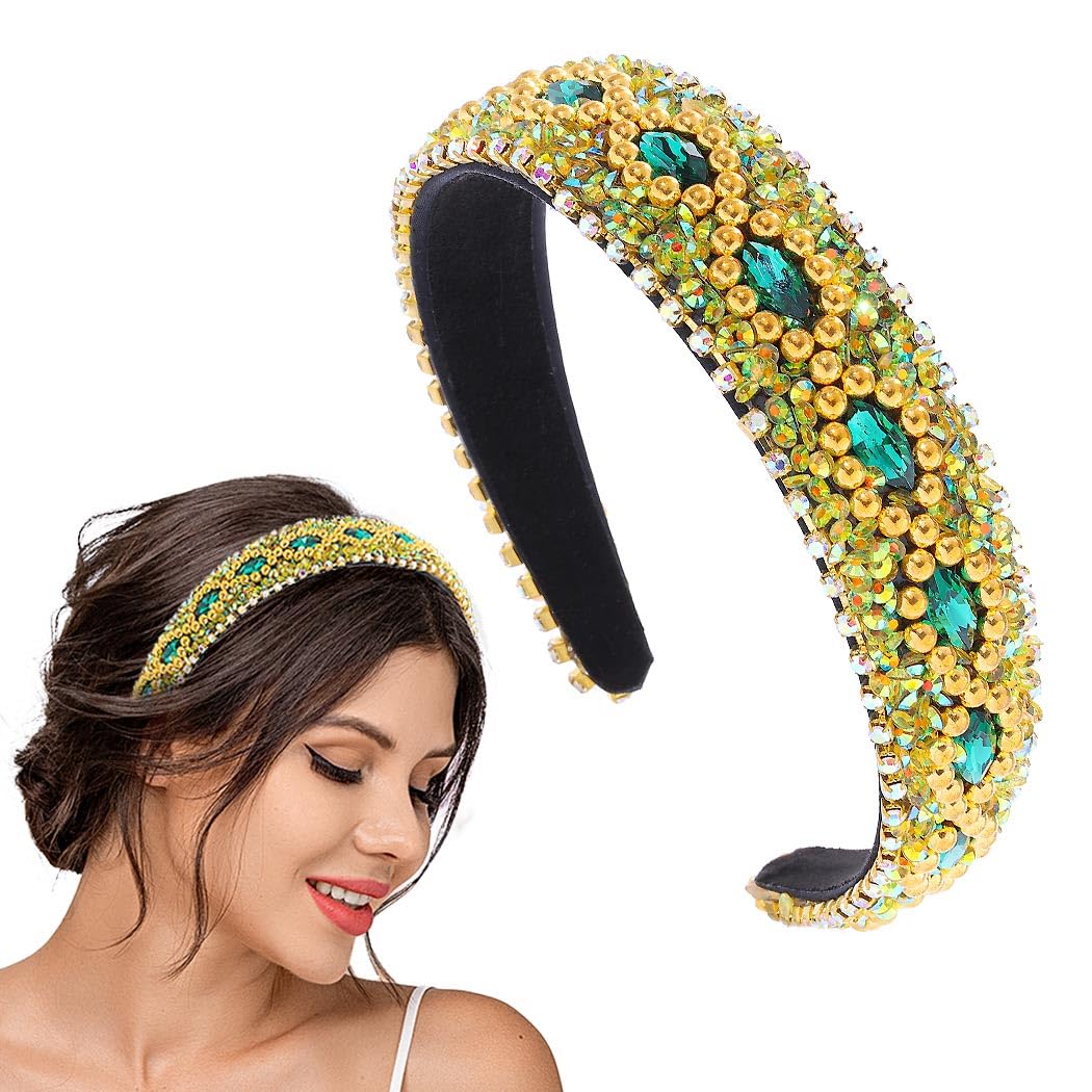 Barode Rhinestone Headbands Colorful Glitter Crystal Wide Headband Bejewelled Hairband Shell Pearl Bling Hair Accessories for Women (R)