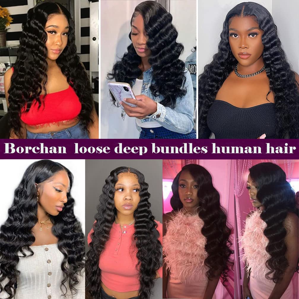 Loose Deep Wave Bundles Human Hair 4 Bundles 20 22 24 26 Inch 100% Unprocessed Brazilian Virgin Human Hair Bundles Loose Deep Wave Human Hair Weave 4 Bundles Can Be Dyed and Bleached Natural Black