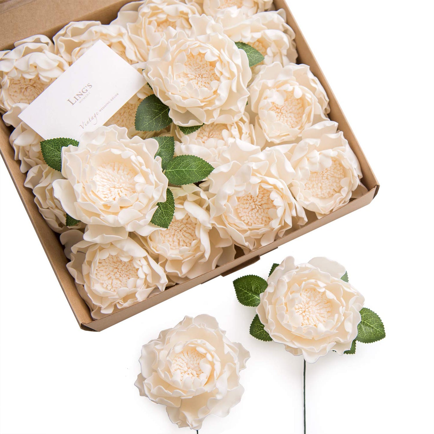 Ling's Moment Flowers 16pcs Cream Blooming Peonies Artificial Flowers with Stem, Artificial Peony Flowers for DIY Wedding Decorations Centerpieces Bouquets Boutonnieres