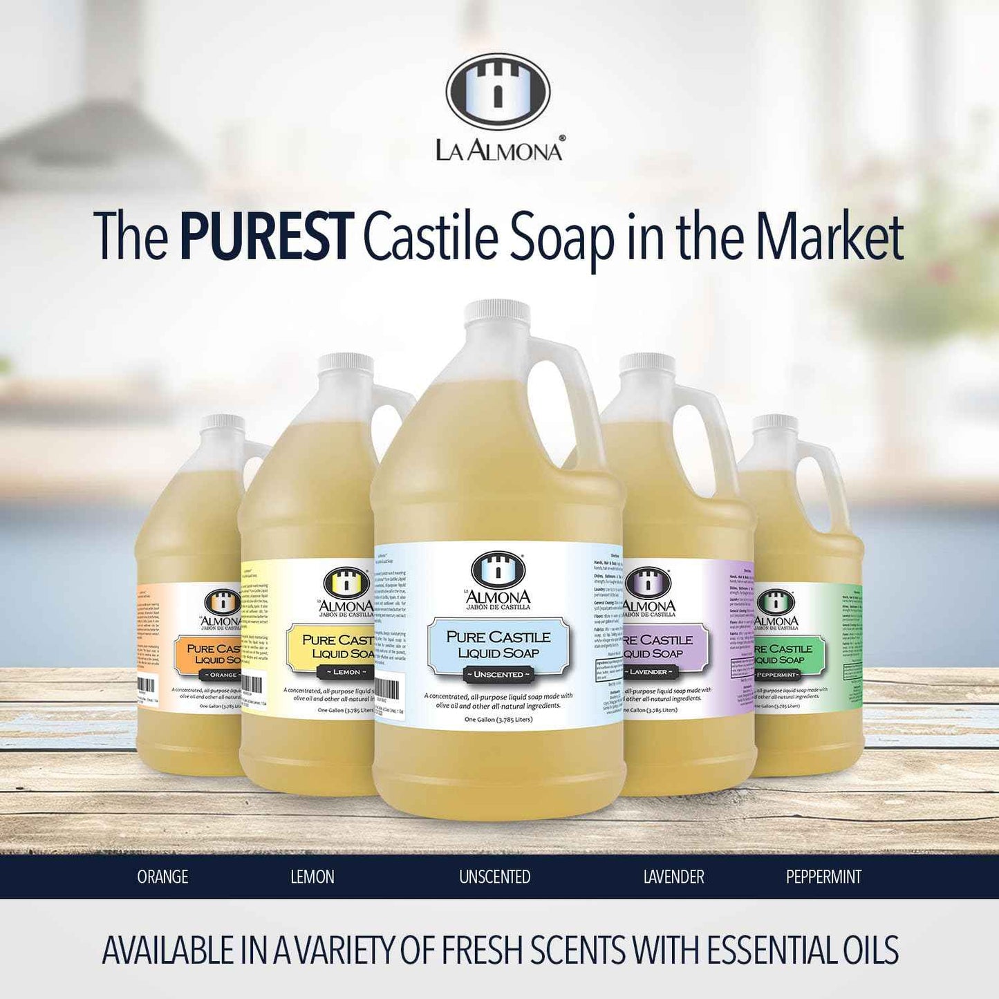 La Almona - Pure Castile Liquid Soap, UNSCENTED, 1 Gallon - Multipurpose: Hands, Face, Body, Laundry, Dishes & More - For Sensitive Skin, All-Natural Ingredients, Fragrance Free