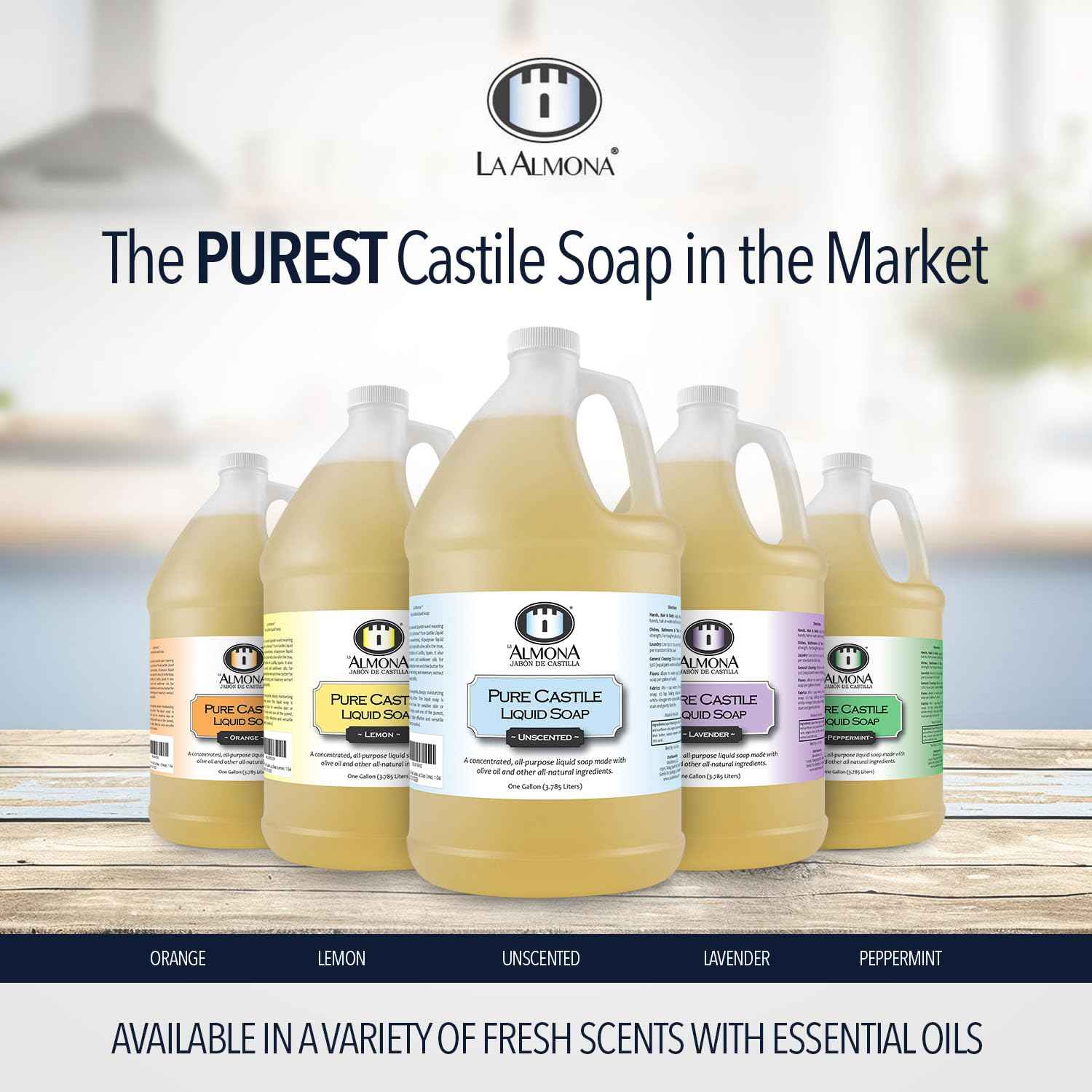 La Almona - Pure Castile Liquid Soap, UNSCENTED, 1 Gallon - Multipurpose: Hands, Face, Body, Laundry, Dishes & More - For Sensitive Skin, All-Natural Ingredients, Fragrance Free