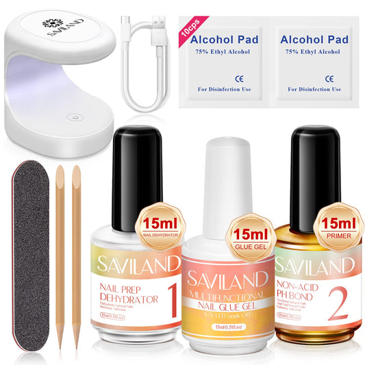 SAVILAND Gel X Nail Glue Nail Primer and Dehydrator - 15ml Natural Acid-Free Primer Dehydrator for Gel Nails Gel Nail Glue Nail Prep for Press Ons 6-in-1 Nail Glue for Nail Extension DIY Nail Art