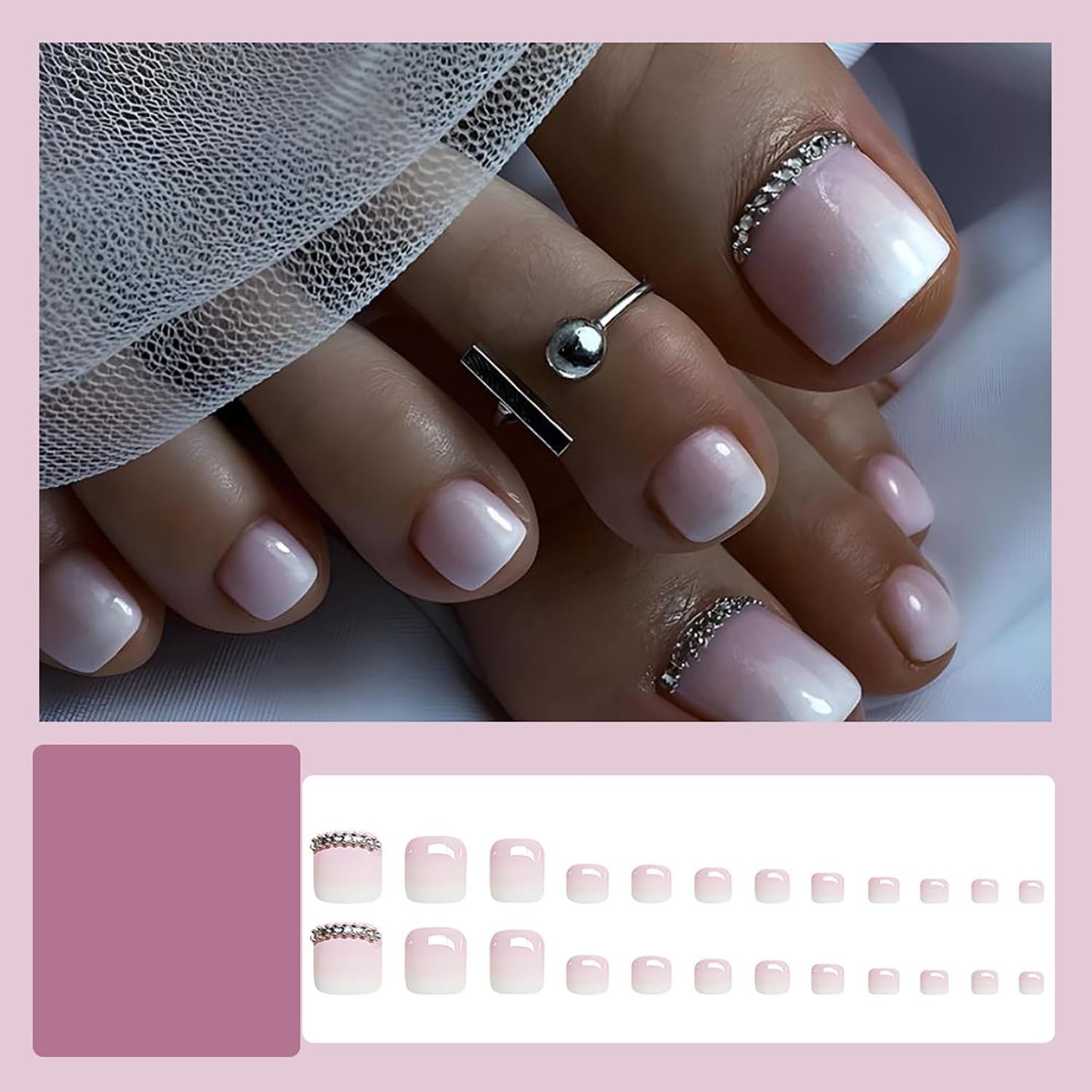 Short Press On Toenails Square Fake Toenails Pink White Gradient False Toe Nails With Rhinestone Designs Acrylic Toenails Press Ons Full Cover Glue On Toenails Stick On Toenails For Women