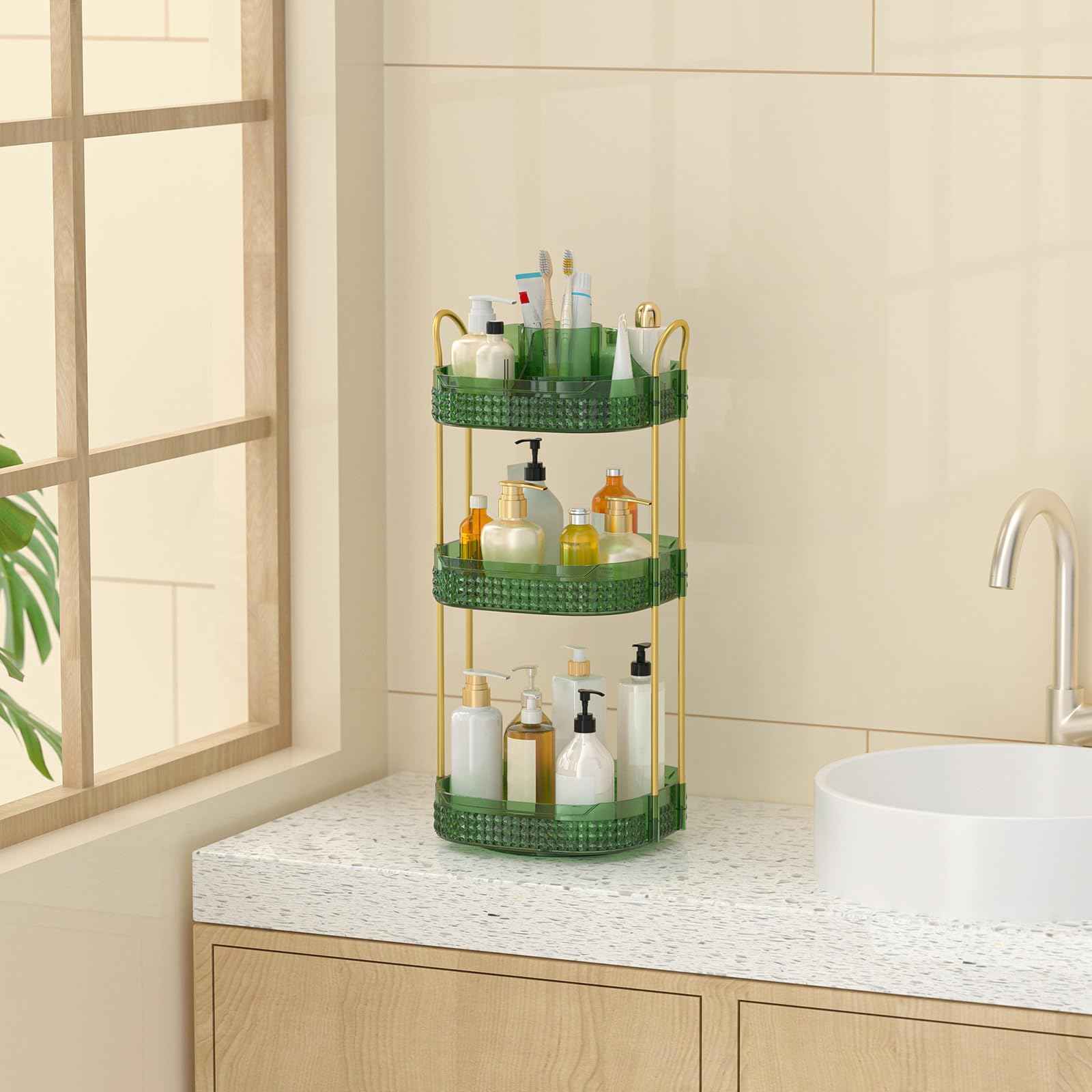 BOCONY Rotating Makeup Organizer for Vanity 3 Tier, Perfume Organizer with Makeup Brush Holder, Large Capacity Cosmetics Clear Skincare Organizer for Countertop (Green)