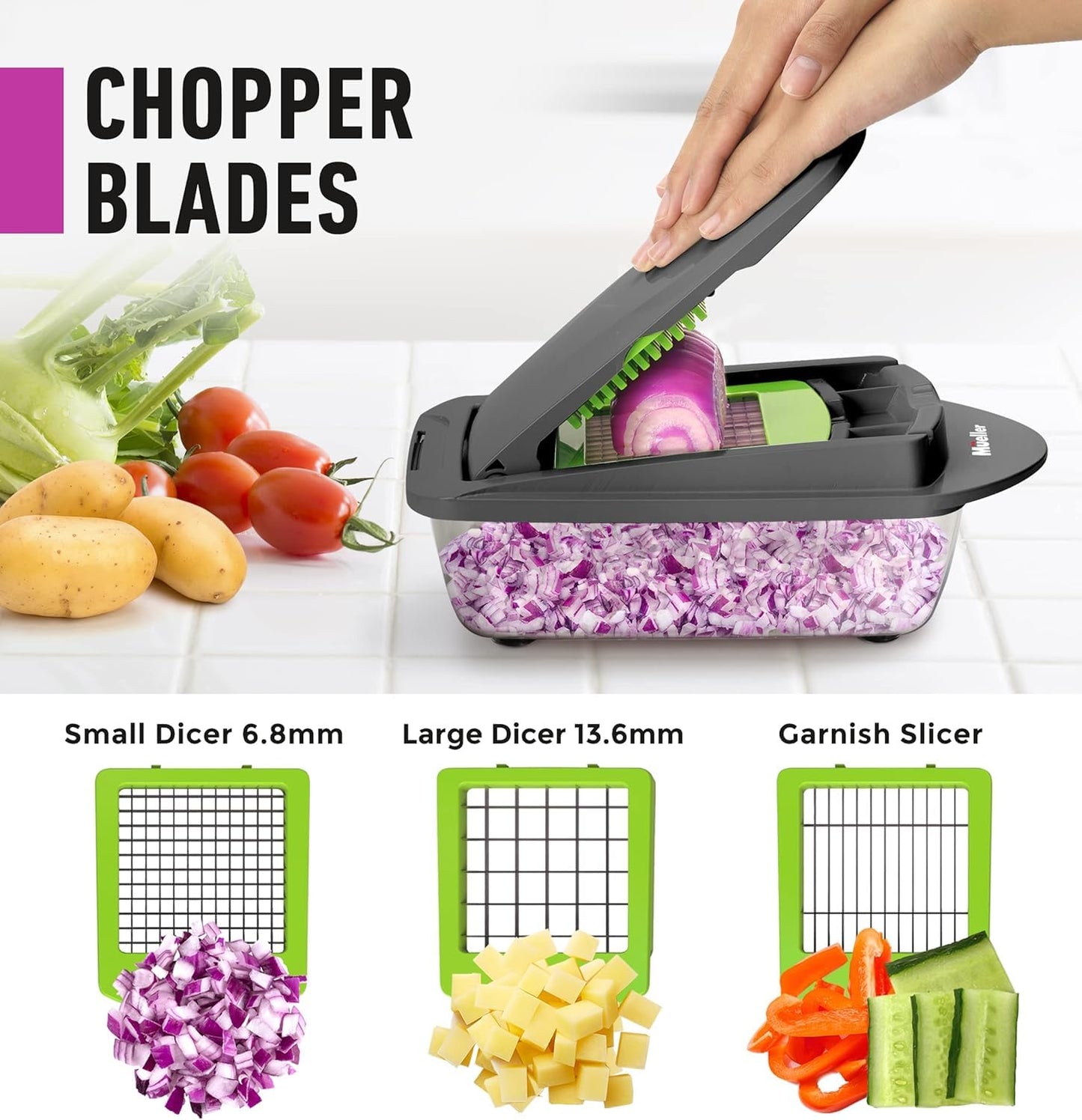 Mueller Pro-Series 10-in-1, 8 Blade Vegetable Chopper, Cutter, Dicer, Onion Mincer, Egg and Potato Slicer, Multi-Functional Kitchen Gadget for Vegetables and Salad Prep, Grey & Green