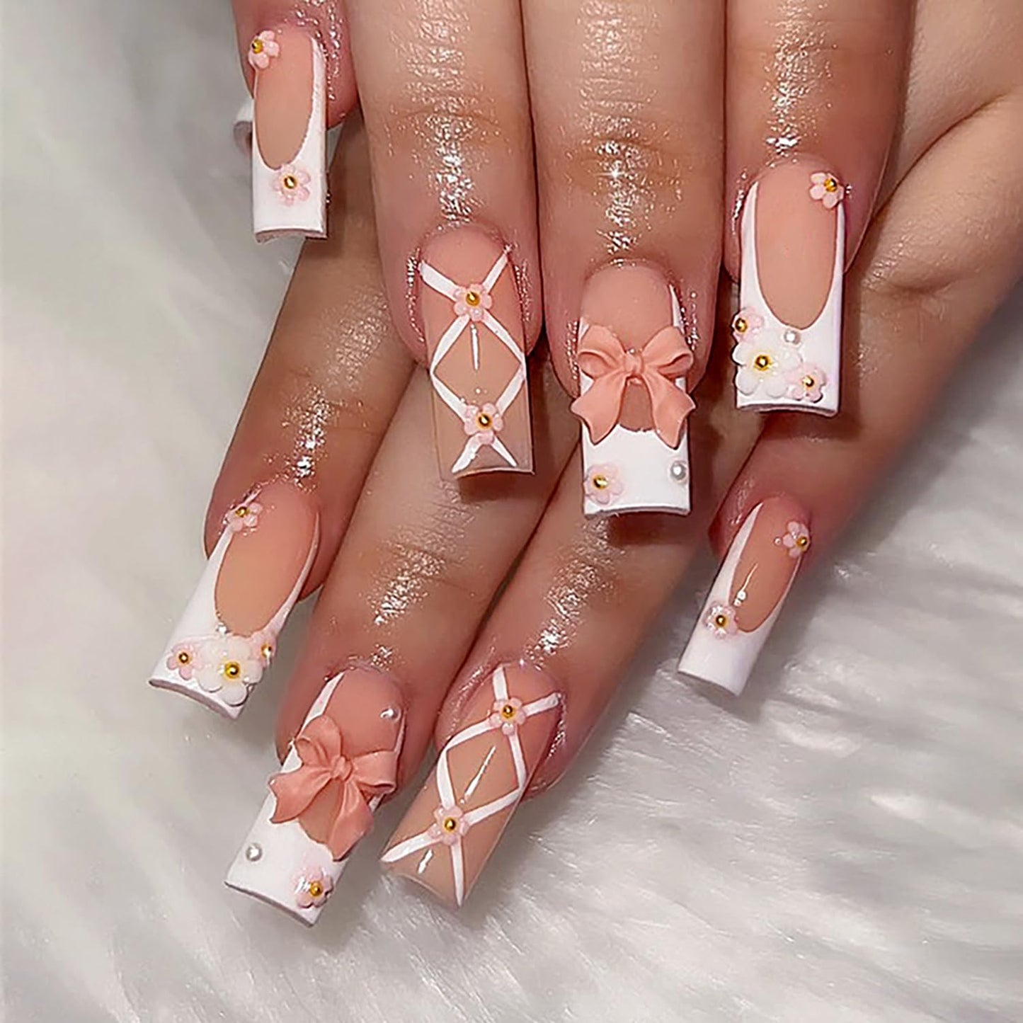 24 Pcs Long Press on Nails White French Tips Fake Nails Bow Bandage Floral Full Cover Nails Tips Square False Nails with Charms Nail Decorations Glossy Acrylic Nails for Women Girls