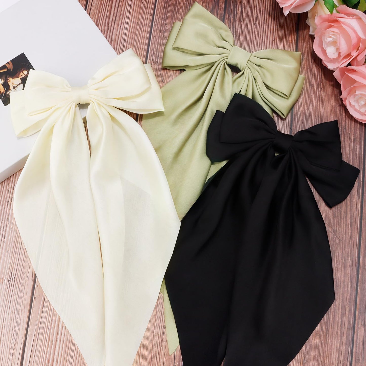 Velscrun Hair Bows for Women Girls 3Pcs White Black Green Silky Satin Large Bows Hair Clip Oversized Hair Ribbons Long Tail Big Bows Hair Accessories