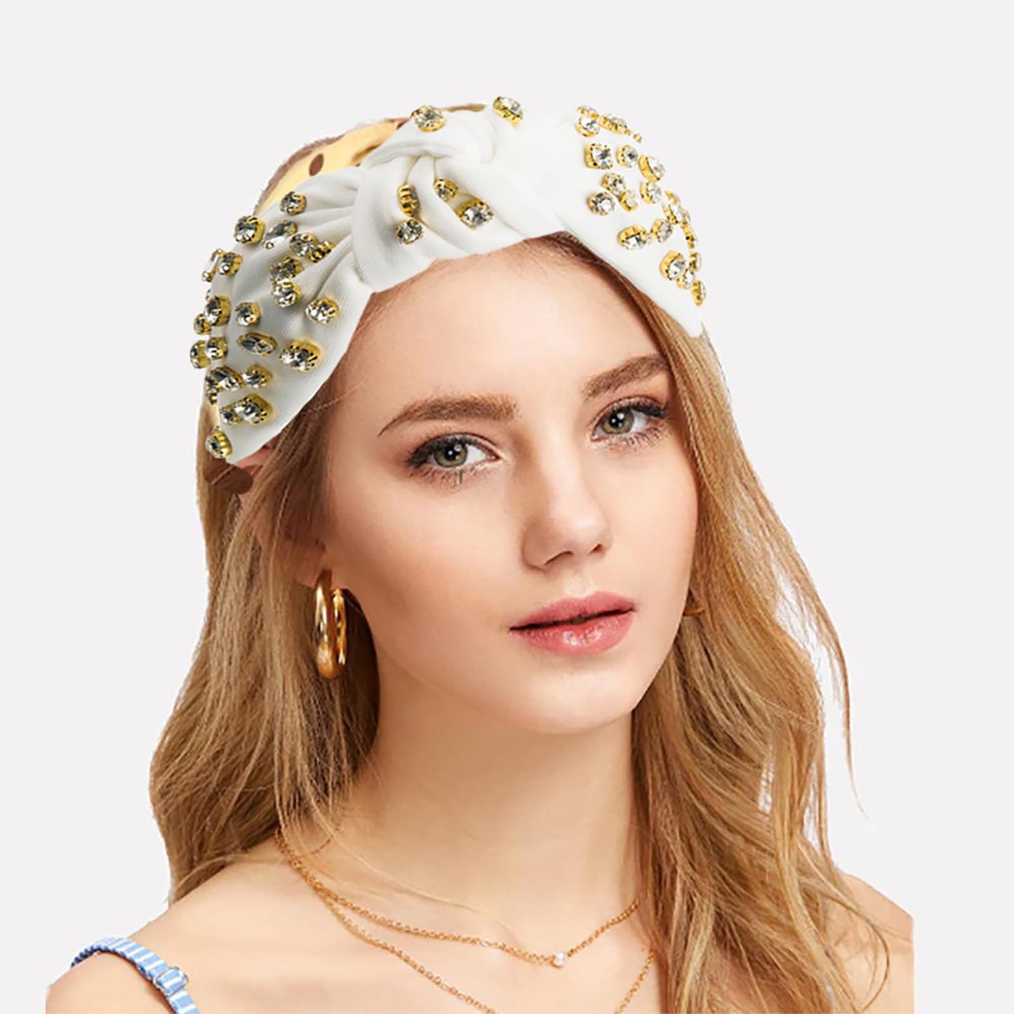 SZJULR Knotted Headband for Women Sparkle Wide Mixed Rhinestone Crystal Headbands White Hairband Top Knot Headbands Luxury Fashion Wide Ladies Hair Accessories for Girls