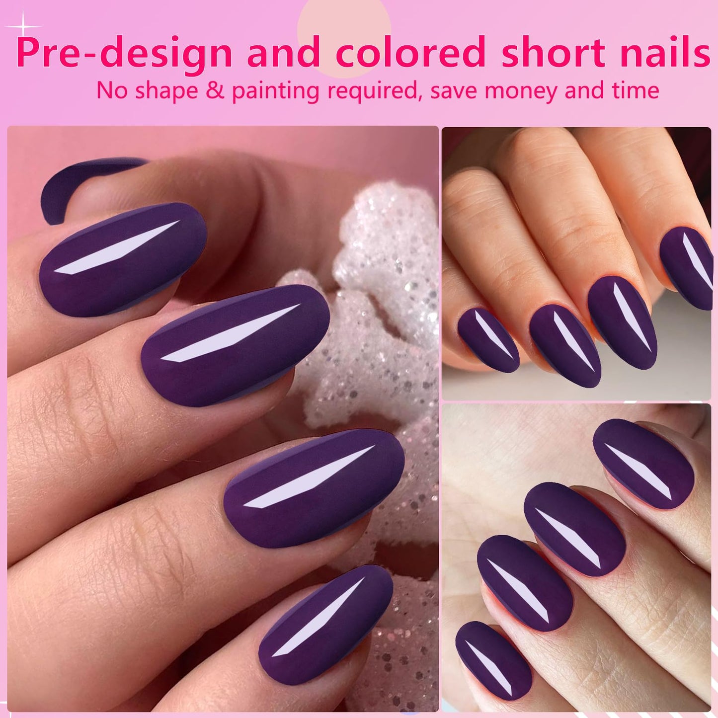 AddFavor Oval Press on Nails Short Fake Nails, 240pcs Deep Purple Nails Press on Almond False Nail Full Cover Acrylic Nail for Women and Girls