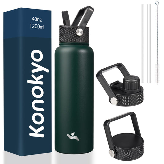 Konokyo Insulated Water Bottle with Straw,40 oz 3 Lids Metal Bottles Stainless Steel Water Flask,Army Green