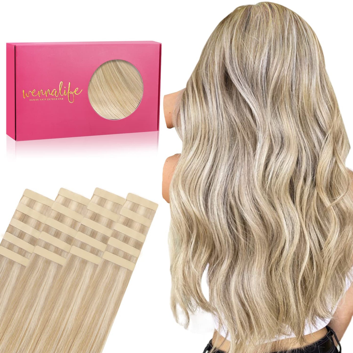 WENNALIFE Tape in Hair Extensions Human Hair, 20pcs 50g 16 inch Dirty Blonde Highlighted Bleach Blonde Remy Hair Extensions Straight Human Hair Tape in Extensions Skin Weft Tape Extensions Human Hair