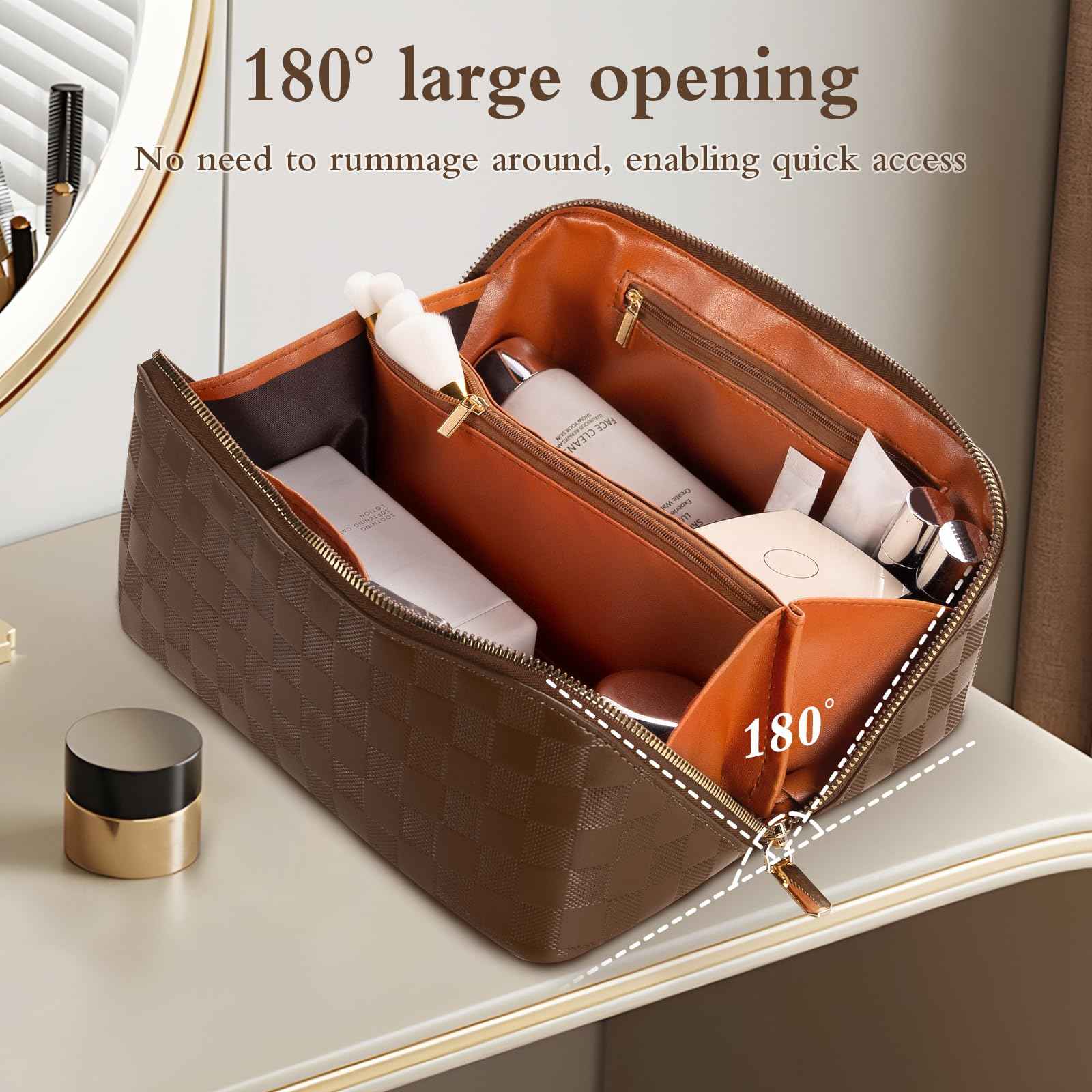 Abiudeng Travel Makeup Bag,Large Capacity Toiletry Bag Cosmetic Bags for Travel Essentials,Waterproof Portable Pouch Open Flat Makeup bag Organizer with Divider and Handle(Checkered-Brown)