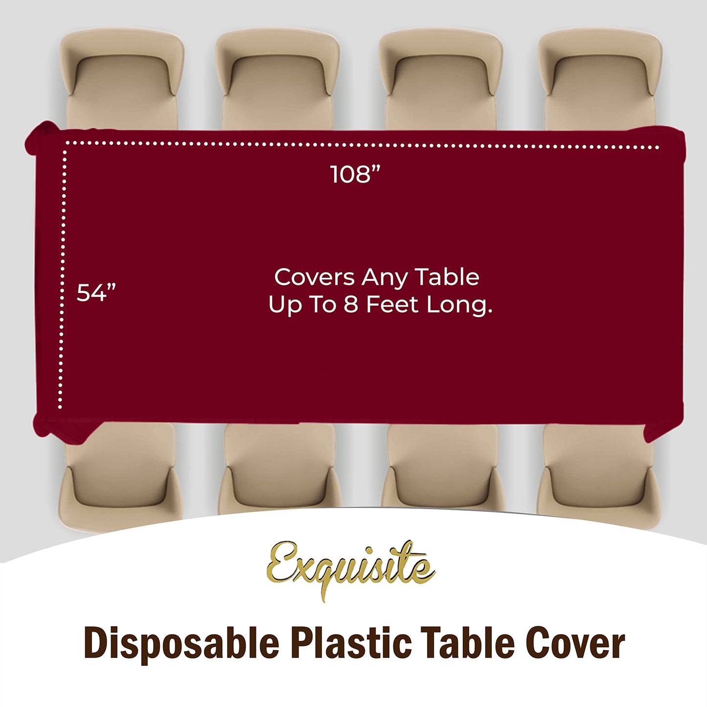 Exquisite 12-Pack Premium Plastic Tablecloth 54in. x 108in. Rectangle Table Cover - Burgundy