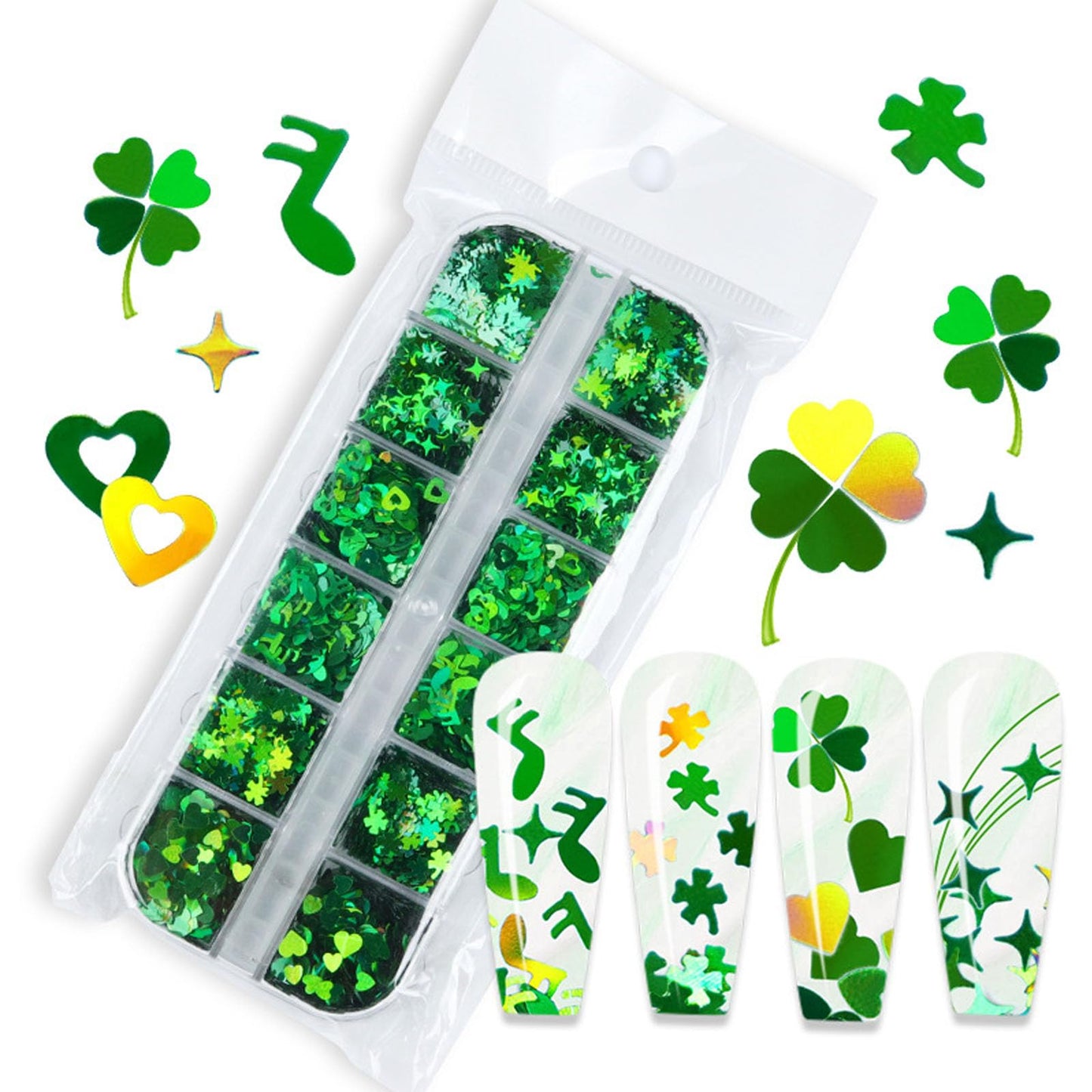 2 Boxes St. Patrick's Day Nail Art Glitters Sequins, Holographic Shamrock Nail Glitters Sequins Stars Heart Shape Designs for St. Patrick's Day Manicure Accessories(Green)