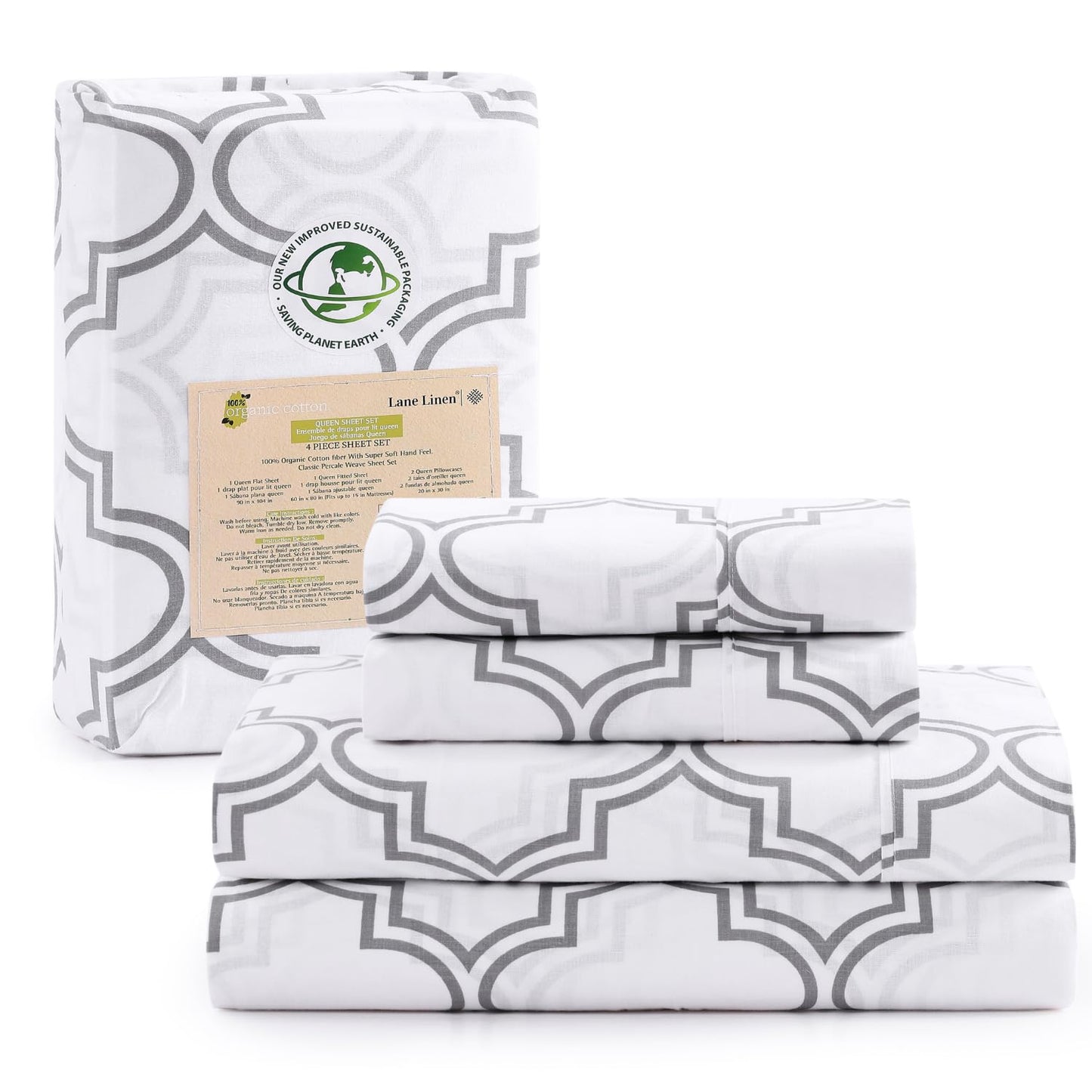 LANE LINEN Twin Sheet Set, 100% Organic Cotton Sheets Twin Size, 3Pc Twin Sheets Sets, Premium Bedding Sheets & Pillowcases, Percale Sheets, 15" Deep Pocket Twin Fitted Sheet - Trellis