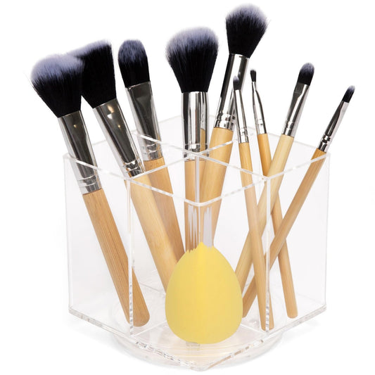 SESUMI Makeup Brush Holder Organizer – Rotating Makeup Organizer with 4 Compartments – Perfect for Beauty Tools, Stationery, Kitchen - Acrylic Makeup Brush Organizer – Multifunctional Pen Holder