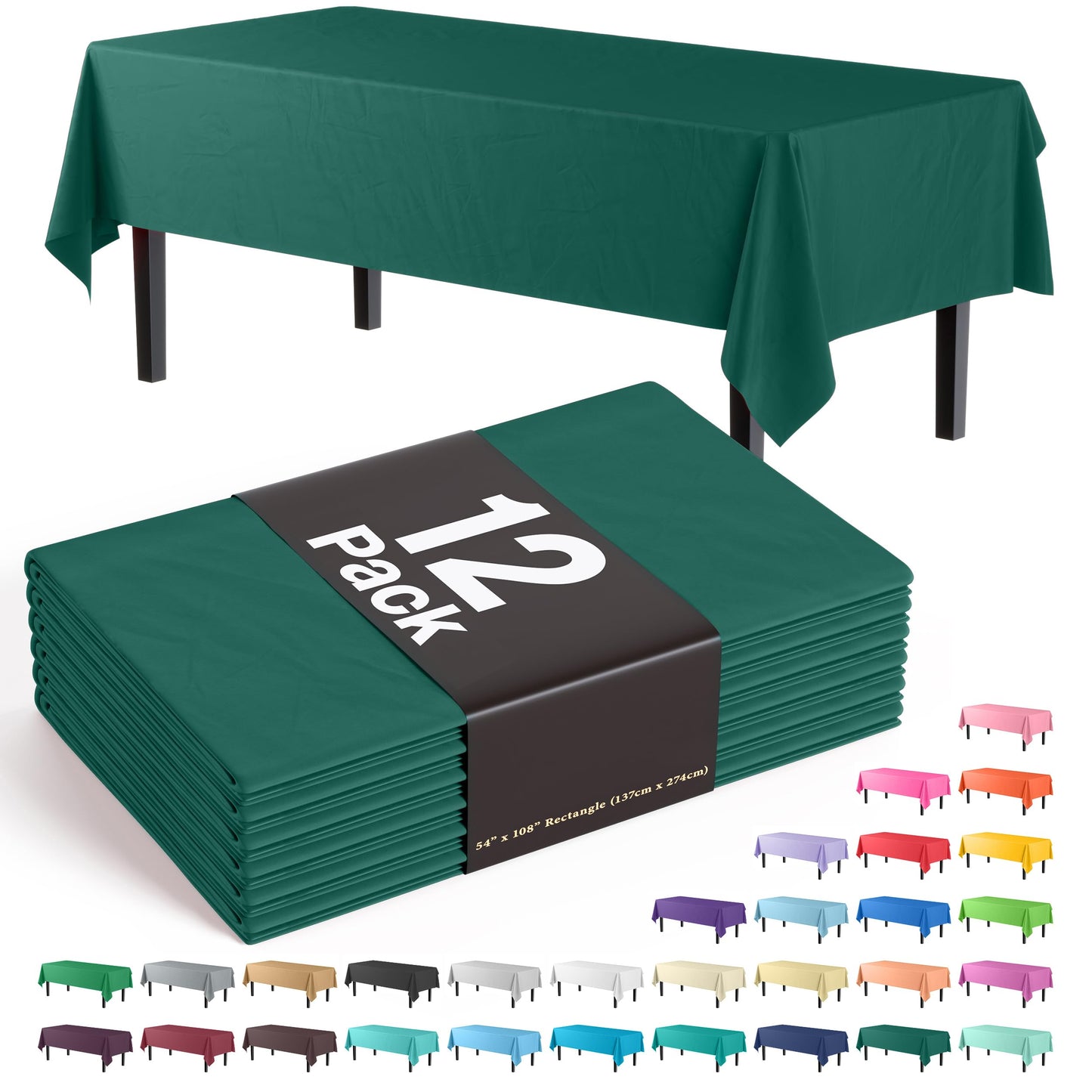 Exquisite 12-Pack Premium Plastic Tablecloth 54in. x 108in. Rectangle Table Cover - Dark Green