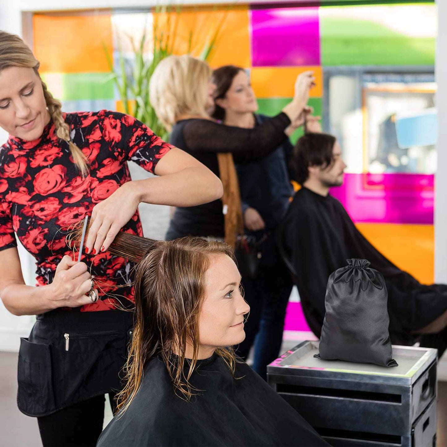 Shappy 4 Pieces Silk Satin Wig Bag Black Hair Bags with Drawstring Tassel Stuff Satin Black Gift Travel Storage for Packaging Bundles Extension Home Salon Travel