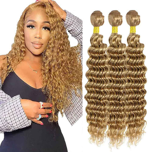 Honey Blonde Human Hair Bundles 16 18 20 Inch Deep Wave Bundles Human Hair Unprocessed Native Virgin Hair 100/PC 3 Extensions #27 Blonde Color Wet and Wavy Human Hair Extensions for Women